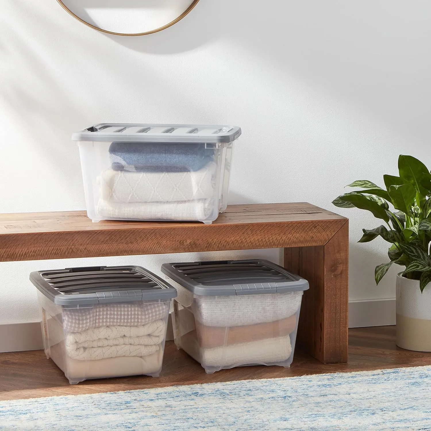 Amazon Basics Plastic Storage Bins with Latching Lids, Stackable, 32 Quart, Clear/Grey, Set of 6