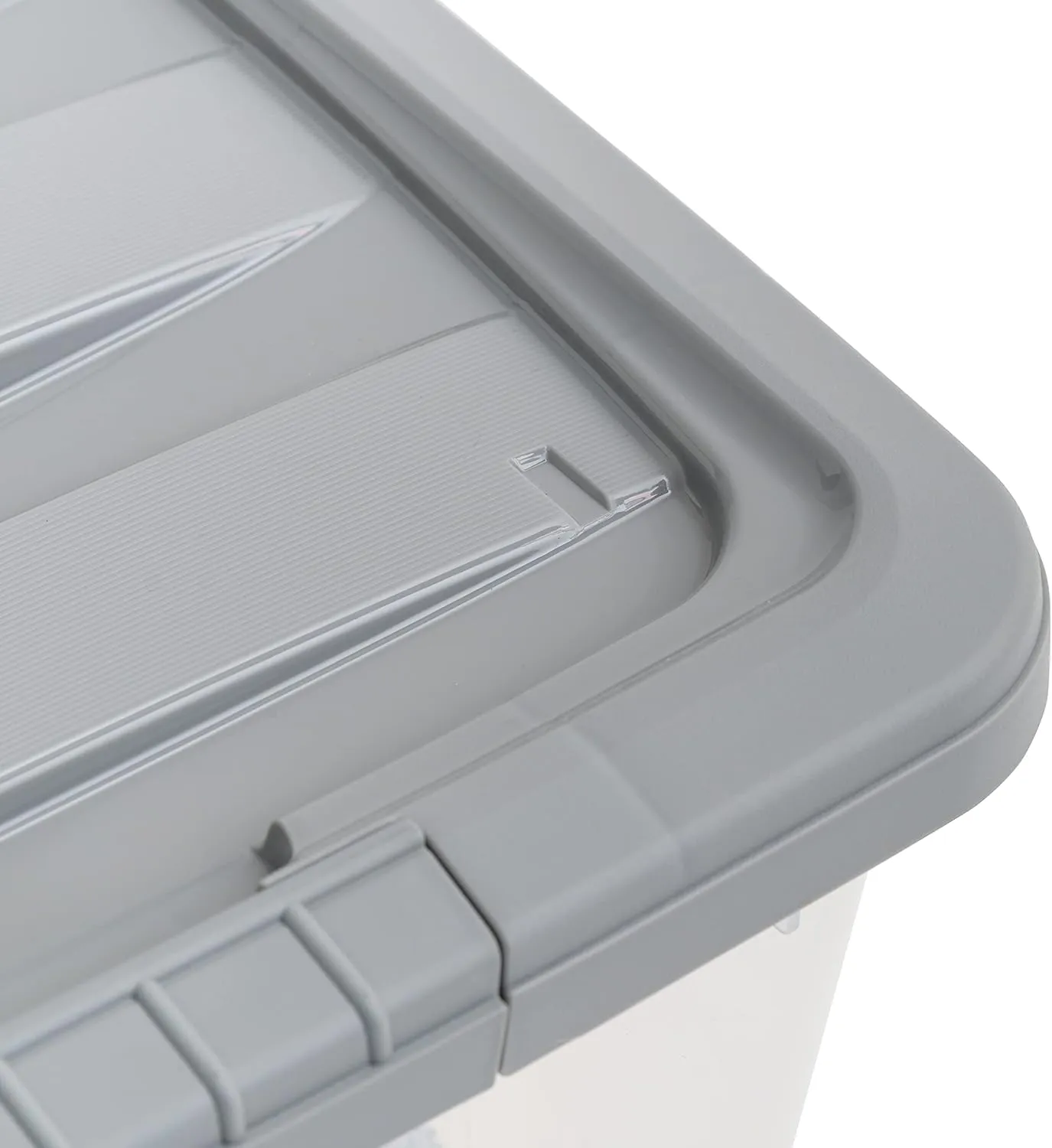 Amazon Basics Plastic Storage Bins with Latching Lids, Stackable, 32 Quart, Clear/Grey, Set of 6