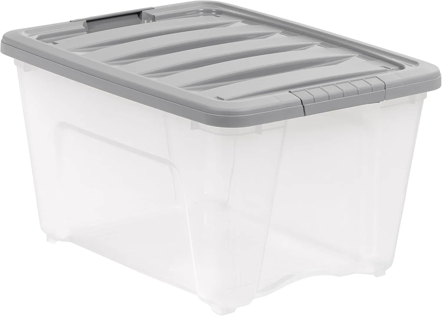 Amazon Basics Plastic Storage Bins with Latching Lids, Stackable, 32 Quart, Clear/Grey, Set of 6