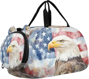 American Flag Eagle Kids Overnight Sports Duffel Bags with Shoe Compartment & Wet Pocket Travel Sport Gym Bag for Girls Boys
