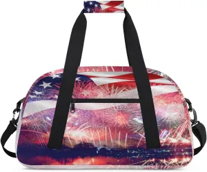 American Flag Gym Duffel Bag for Men Women Fireworks Sports Tote Bag with Adjustable Shoulder Strap for Dance Gymnastics Traveling Outdoor Camping Overnight Stay
