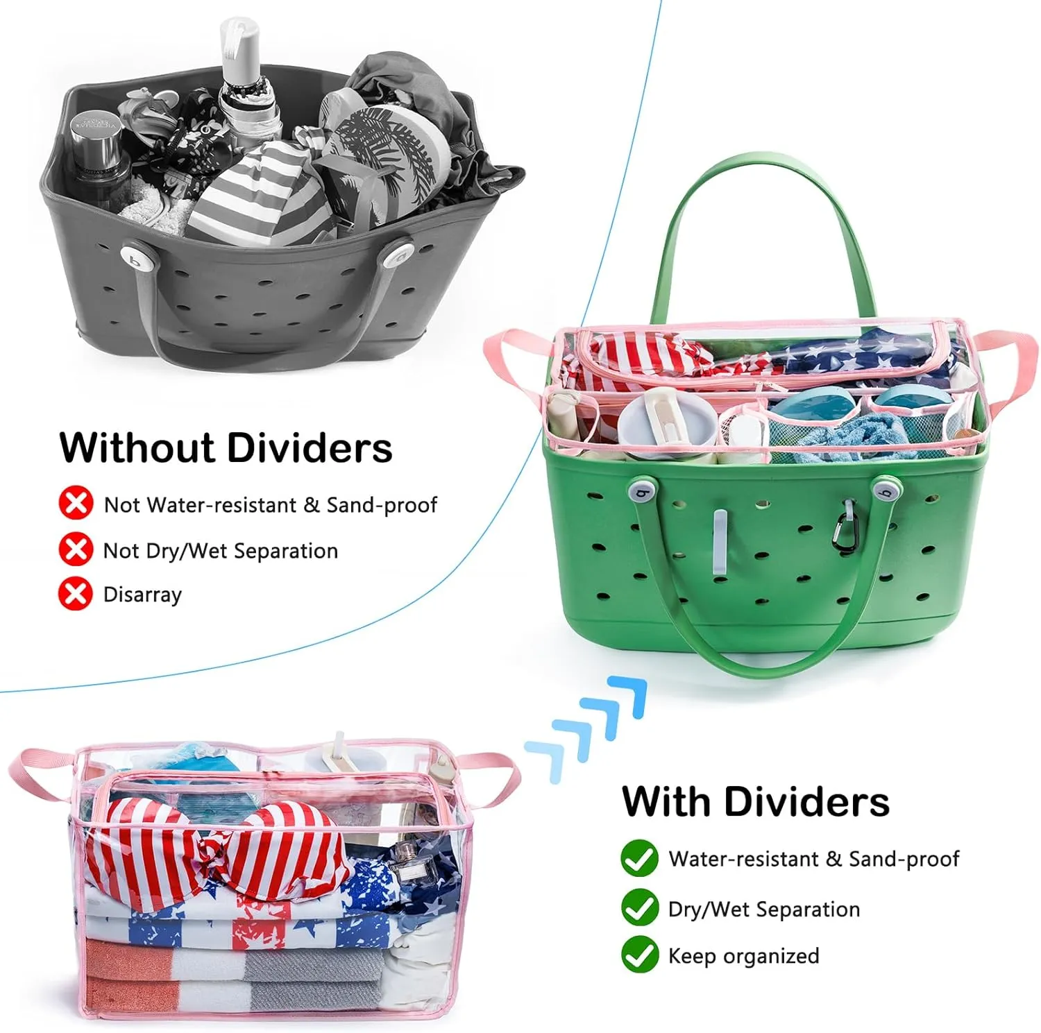 AMOIGEE Clear Beach Bag Organizer Insert with Zipper Closure Lid and 3pcs Accessories for Bogg Bag XL - Tote Insert Bag Divider with Sunglasses Holder, Clips Hooks