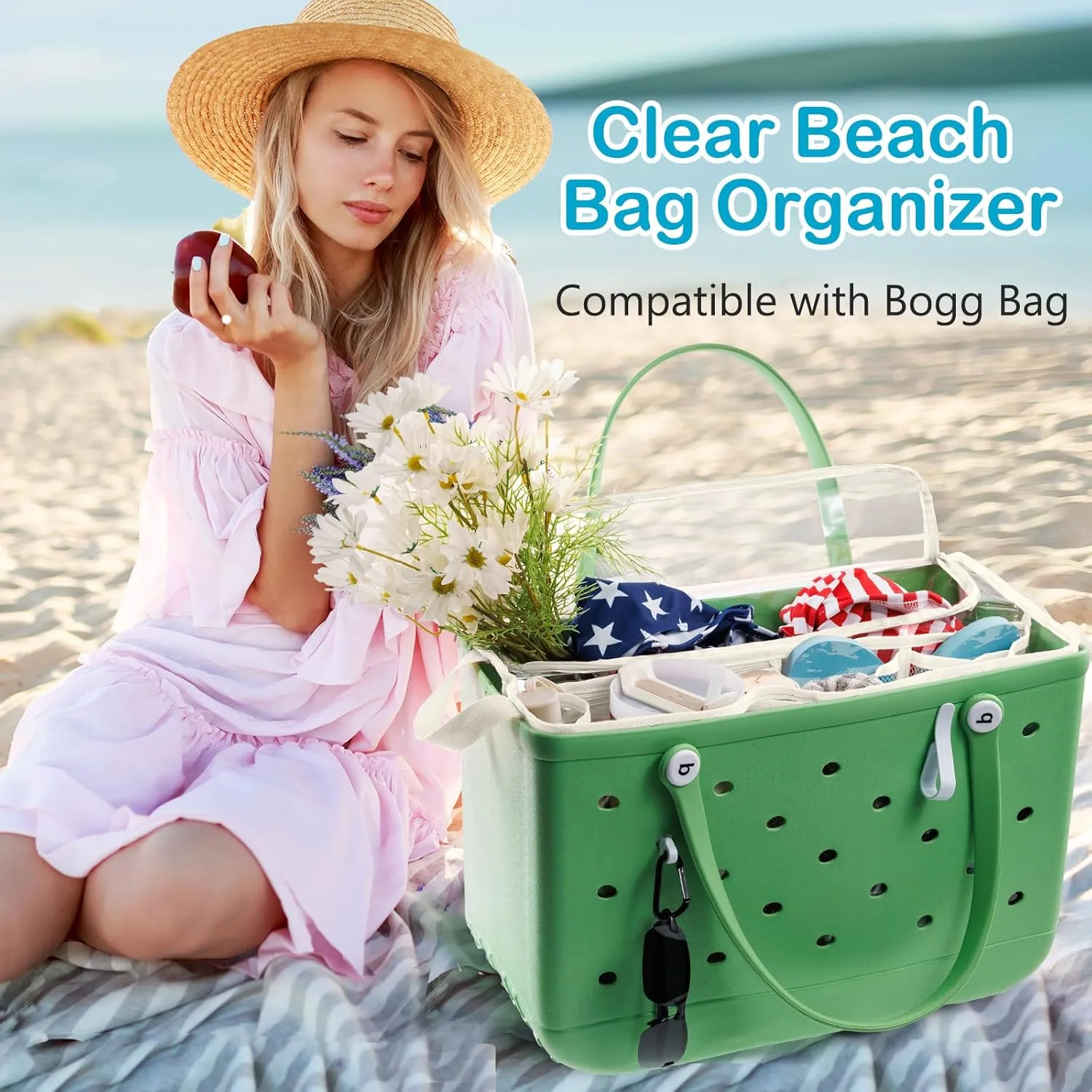 AMOIGEE Clear Beach Bag Organizer Insert with Zipper Closure Lid and 3pcs Accessories for Bogg Bag XL - Tote Insert Bag Divider with Sunglasses Holder, Clips Hooks