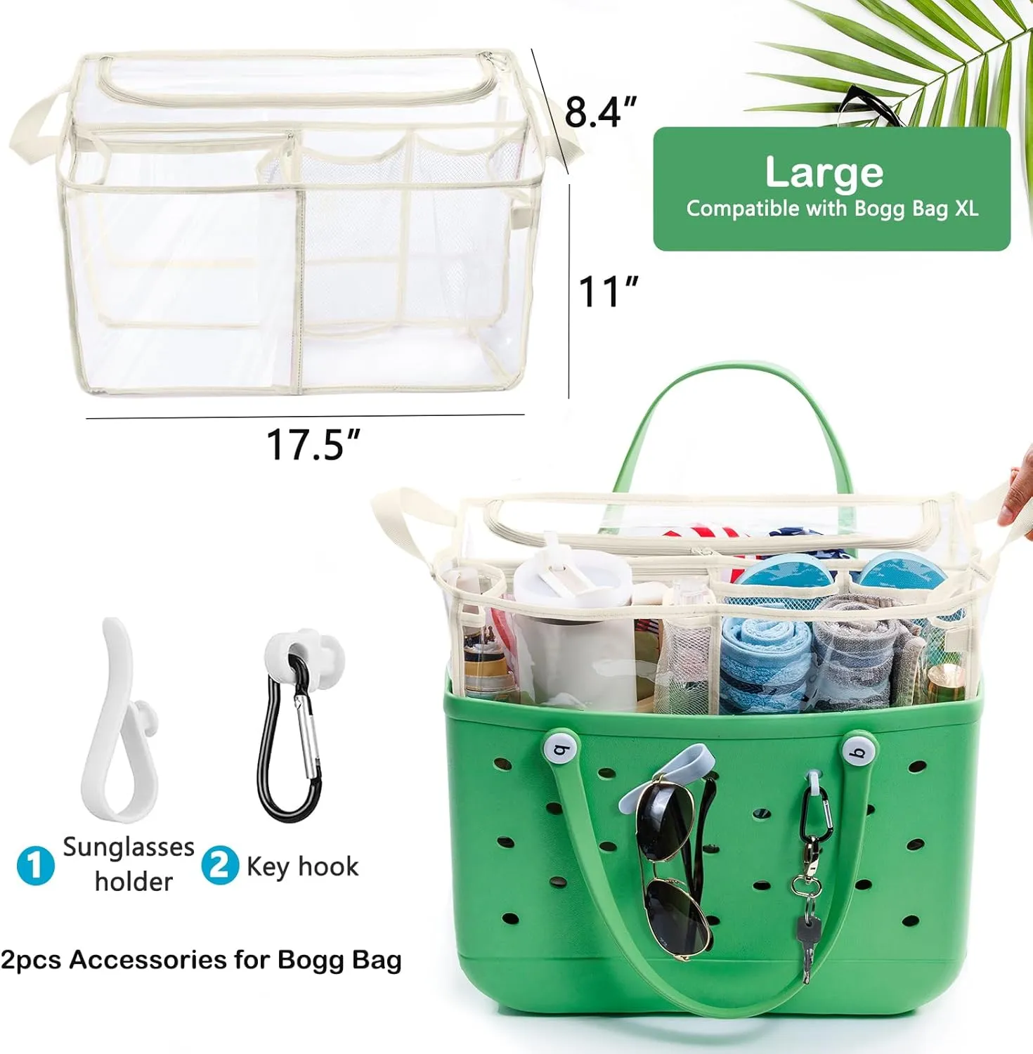 AMOIGEE Clear Beach Bag Organizer Insert with Zipper Closure Lid and 3pcs Accessories for Bogg Bag XL - Tote Insert Bag Divider with Sunglasses Holder, Clips Hooks