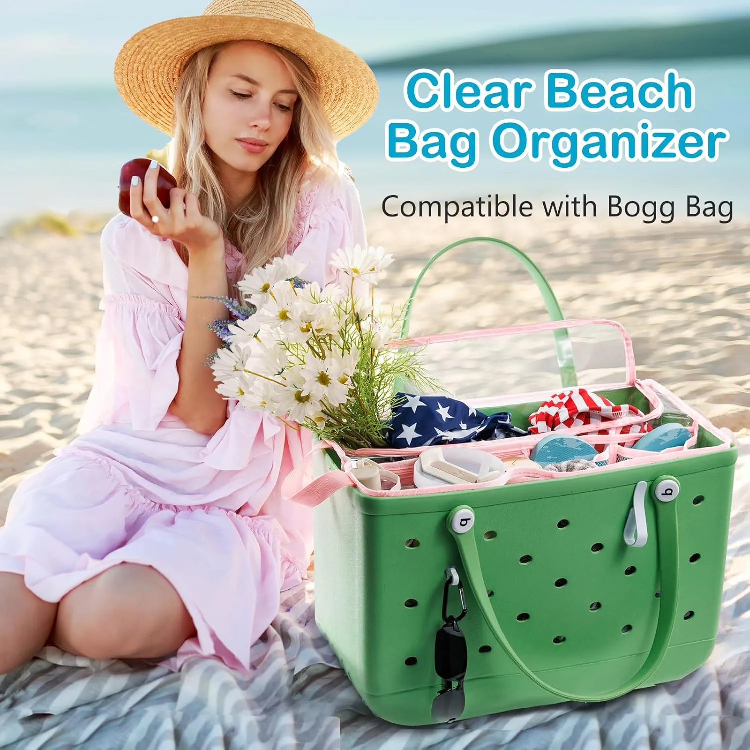 AMOIGEE Clear Beach Bag Organizer Insert with Zipper Closure Lid and 3pcs Accessories for Bogg Bag XL - Tote Insert Bag Divider with Sunglasses Holder, Clips Hooks