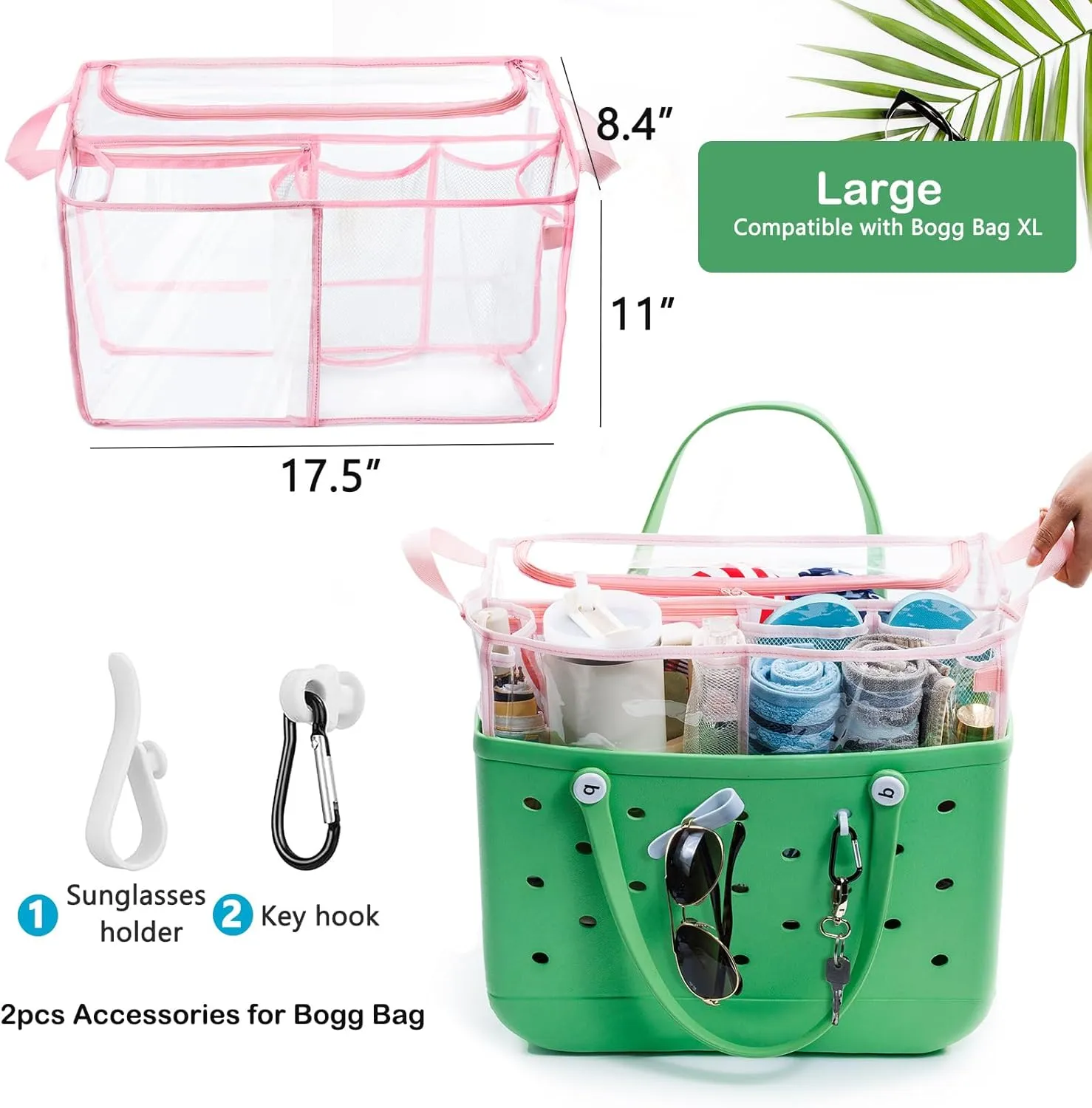 AMOIGEE Clear Beach Bag Organizer Insert with Zipper Closure Lid and 3pcs Accessories for Bogg Bag XL - Tote Insert Bag Divider with Sunglasses Holder, Clips Hooks