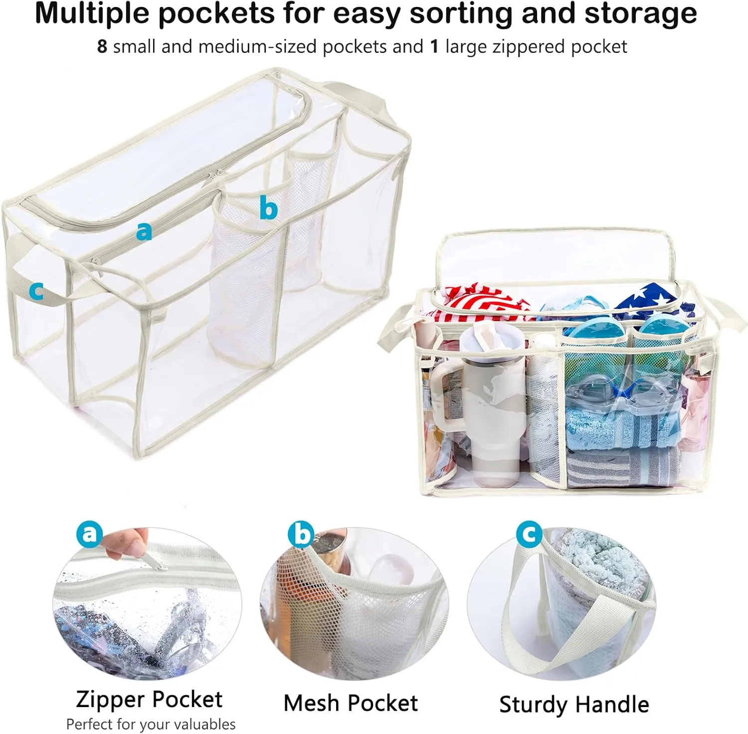AMOIGEE Clear Beach Bag Organizer Insert with Zipper Closure Lid and 3pcs Accessories for Bogg Bag XL - Tote Insert Bag Divider with Sunglasses Holder, Clips Hooks