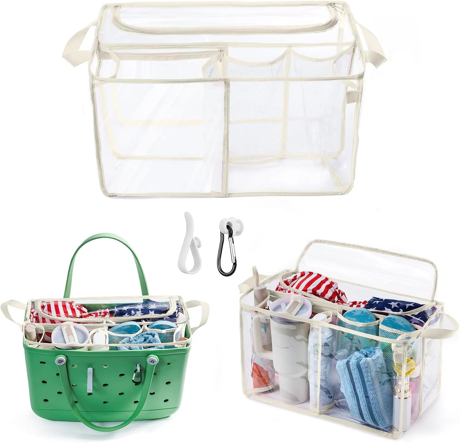 AMOIGEE Clear Beach Bag Organizer Insert with Zipper Closure Lid and 3pcs Accessories for Bogg Bag XL - Tote Insert Bag Divider with Sunglasses Holder, Clips Hooks