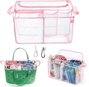 AMOIGEE Clear Beach Bag Organizer Insert with Zipper Closure Lid and 3pcs Accessories for Bogg Bag XL - Tote Insert Bag Divider with Sunglasses Holder, Clips Hooks
