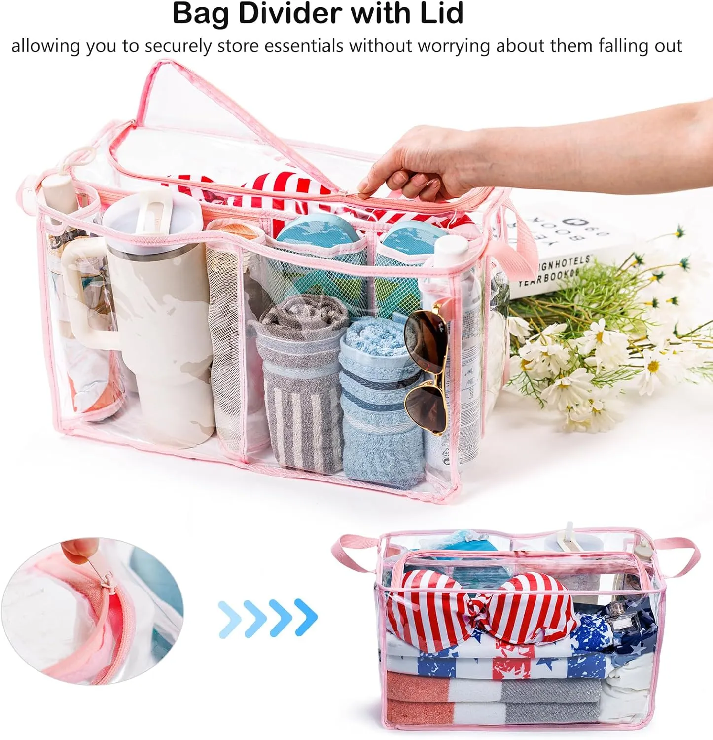 AMOIGEE Clear Beach Bag Organizer Insert with Zipper Closure Lid and 3pcs Accessories for Bogg Bag XL - Tote Insert Bag Divider with Sunglasses Holder, Clips Hooks