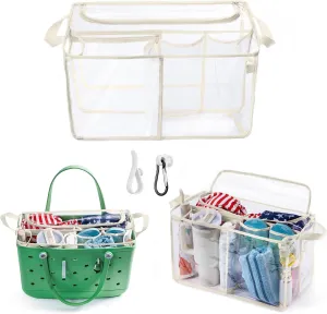 AMOIGEE Clear Beach Bag Organizer Insert with Zipper Closure Lid and 3pcs Accessories for Bogg Bag XL - Tote Insert Bag Divider with Sunglasses Holder, Clips Hooks