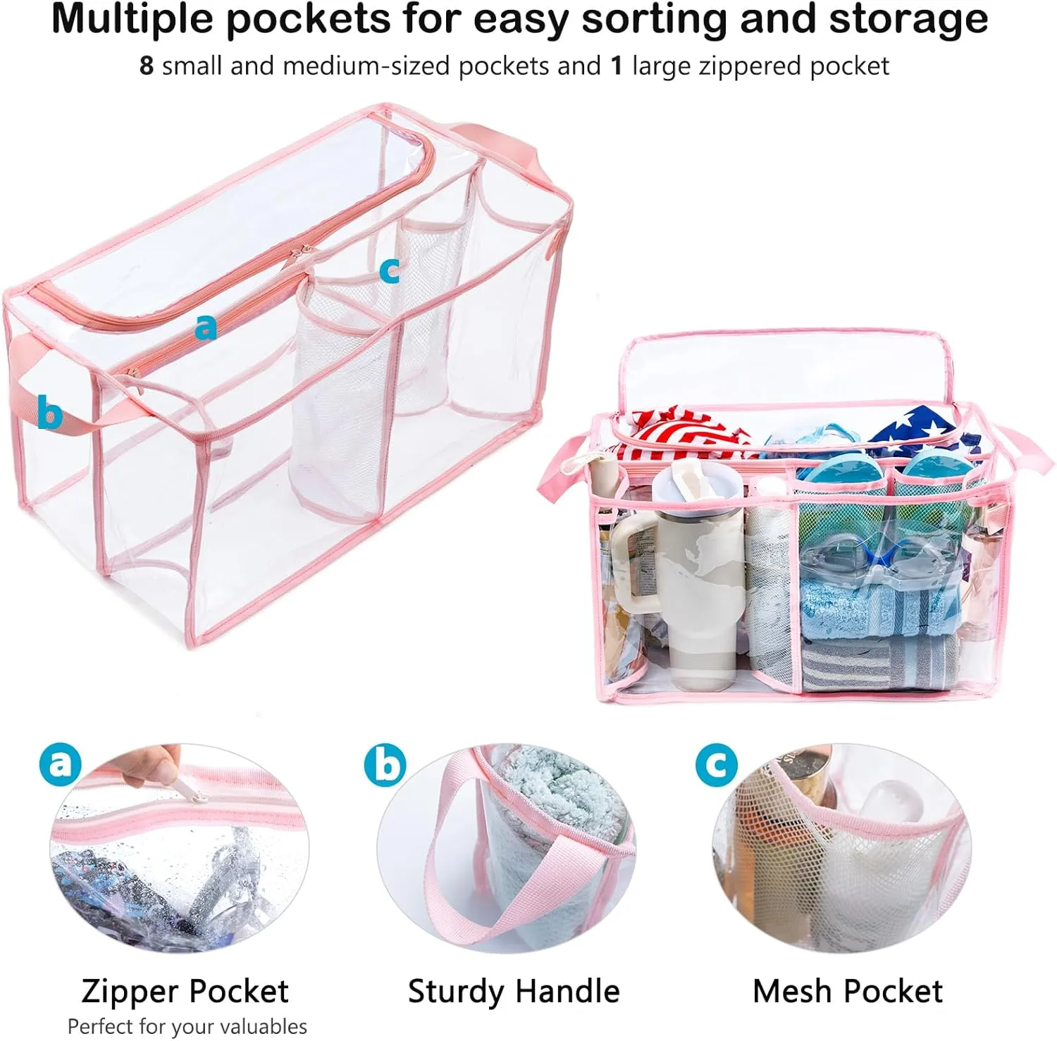 AMOIGEE Clear Beach Bag Organizer Insert with Zipper Closure Lid and 3pcs Accessories for Bogg Bag XL - Tote Insert Bag Divider with Sunglasses Holder, Clips Hooks