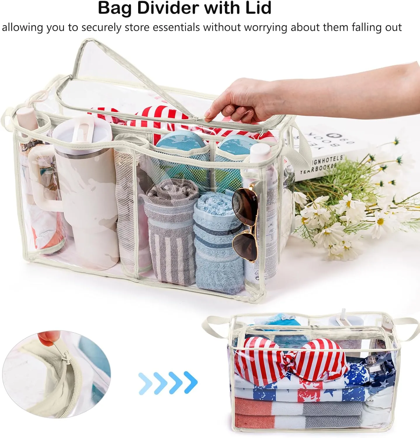 AMOIGEE Clear Beach Bag Organizer Insert with Zipper Closure Lid and 3pcs Accessories for Bogg Bag XL - Tote Insert Bag Divider with Sunglasses Holder, Clips Hooks