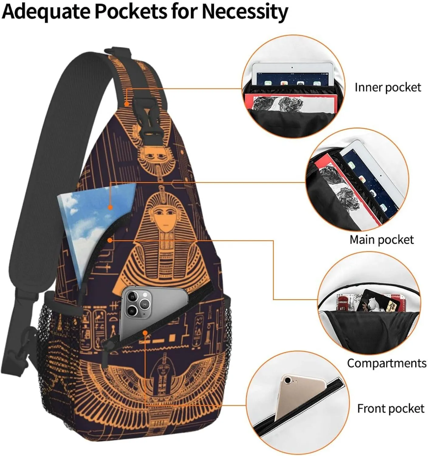 Ancient Egyptian Civilization Travel Sling Bag, Hiking Shoulder Pack, Adjustable Strap Multiple Compartments Unisex Outdoor Commuting Daypack