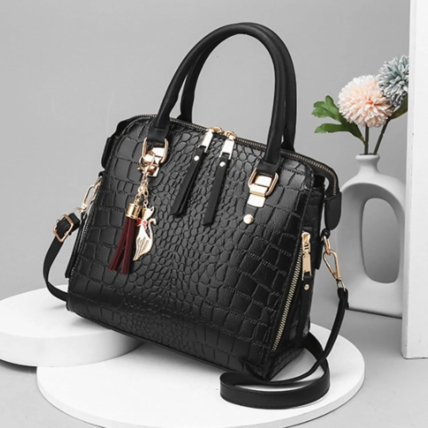 And Winter Stone Pattern Large Capacity Casual Shoulder Fashion Versatile Crossbody Bag Cat Messenger (Black, One Size)