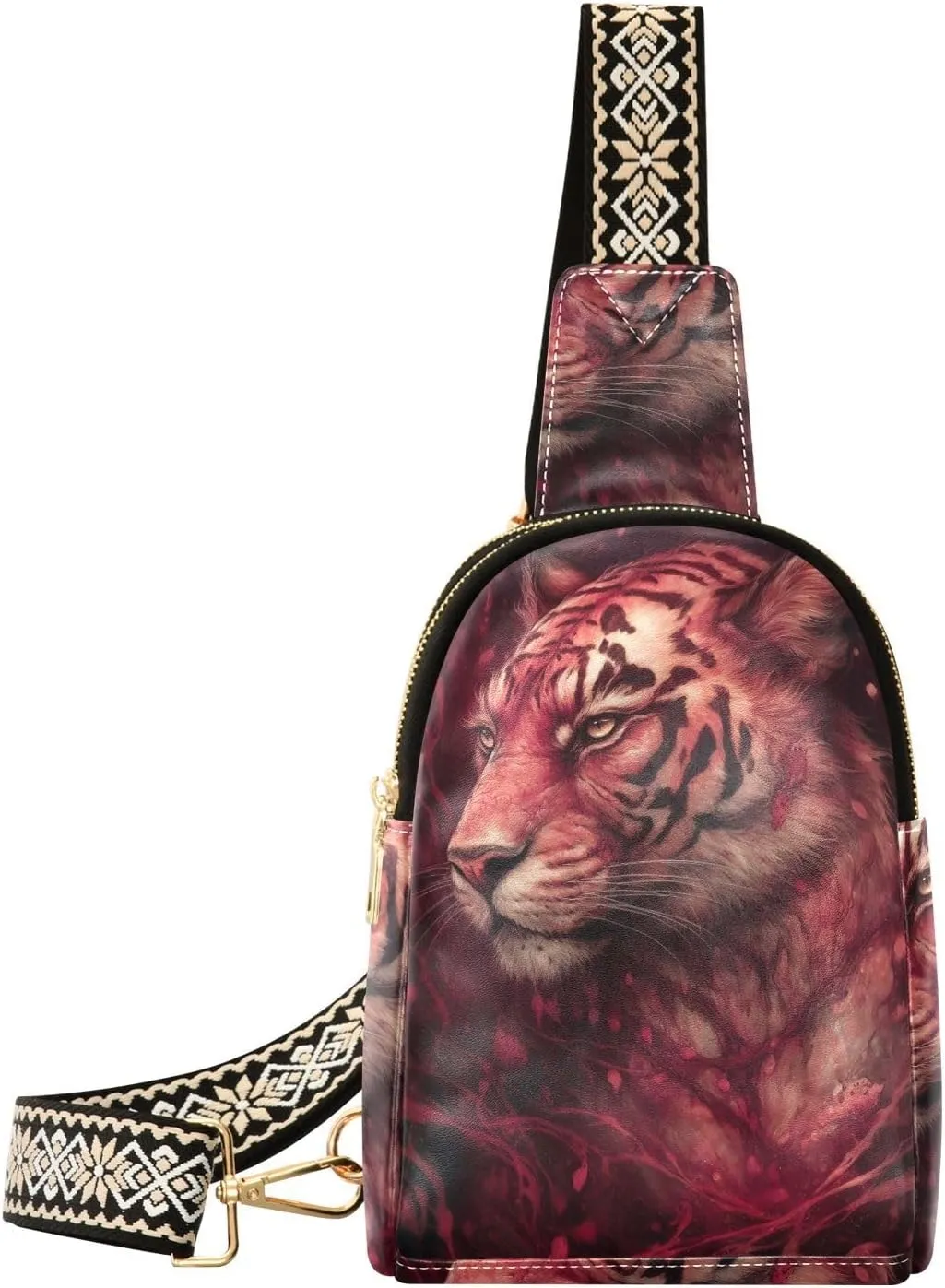 Animal Fictional Painting Print Women Sling Bag with Adjustable Strap Zipper Closure, PU Leather Water Resistant Crossbody Bag Purse Chest Bag