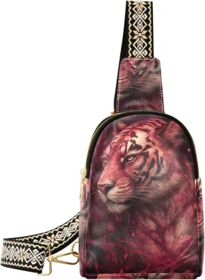 Animal Fictional Painting Print Women Sling Bag with Adjustable Strap Zipper Closure, PU Leather Water Resistant Crossbody Bag Purse Chest Bag