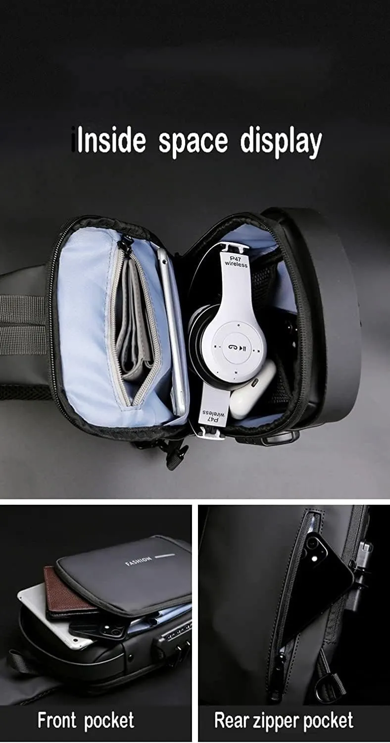 Anti-Theft Sling Bag, Shoulder Crossbody Backpack, Waterproof Chest Bag with USB Charging Port, Lightweight Casual Daypack for Men, Black