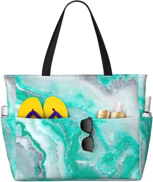 Aqua White Gemstone Agate Mineral Quartz Beach Bag Women Tote Bag Pool Bag With Zipper For Gym Grocery Travel With Wet Pocket