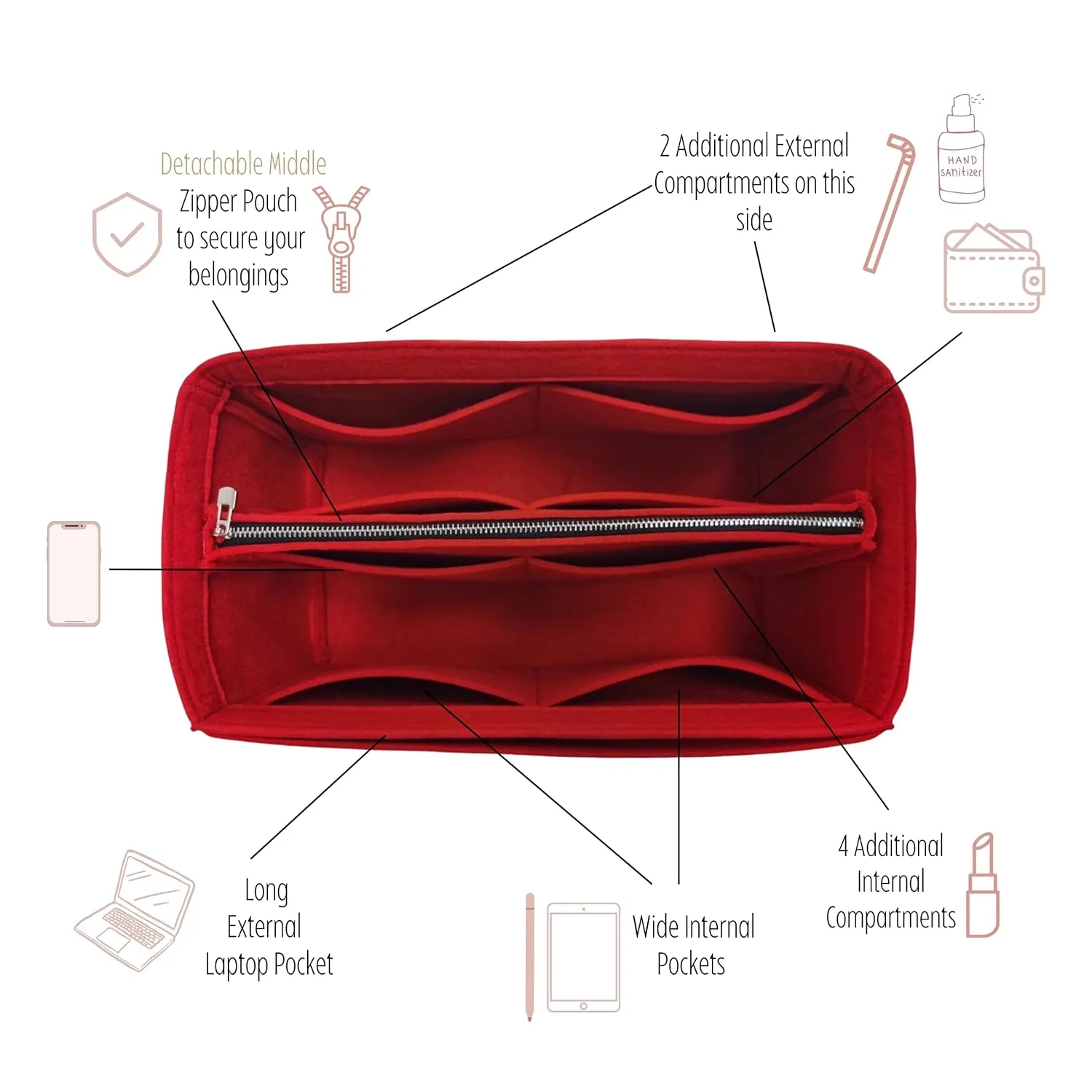 Artois MM Bag Organizer, Artois PM Bag Organizer, Tote Bag Artois MM Insert Handmade 3mm Wool Premium Felt Snug Sturdy Silver Zipper (For Artois PM, Violet)