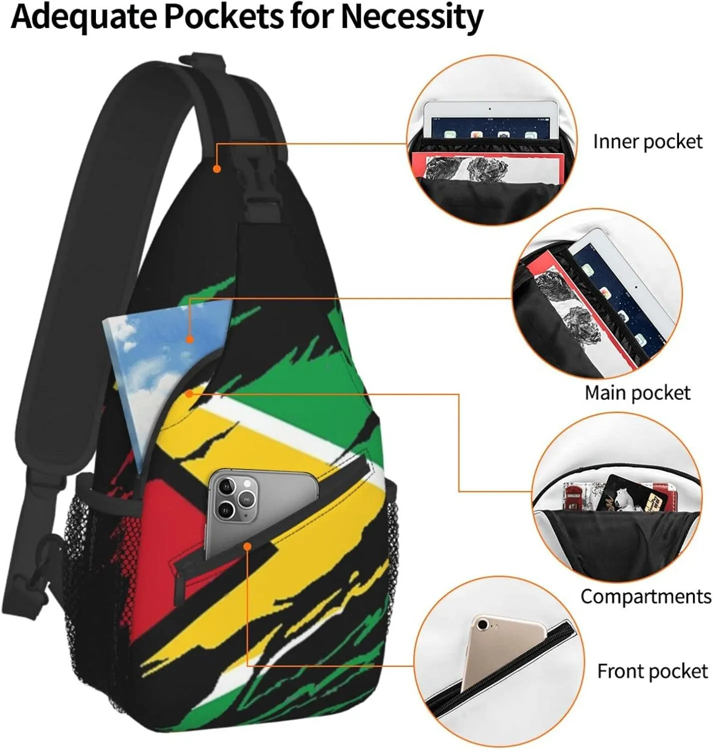 ASYG Cute Guyana Flag Sling Backpack,Travel Hiking Daypack Guyanese Pattern Rope Crossbody Shoulder Bag for Men Women