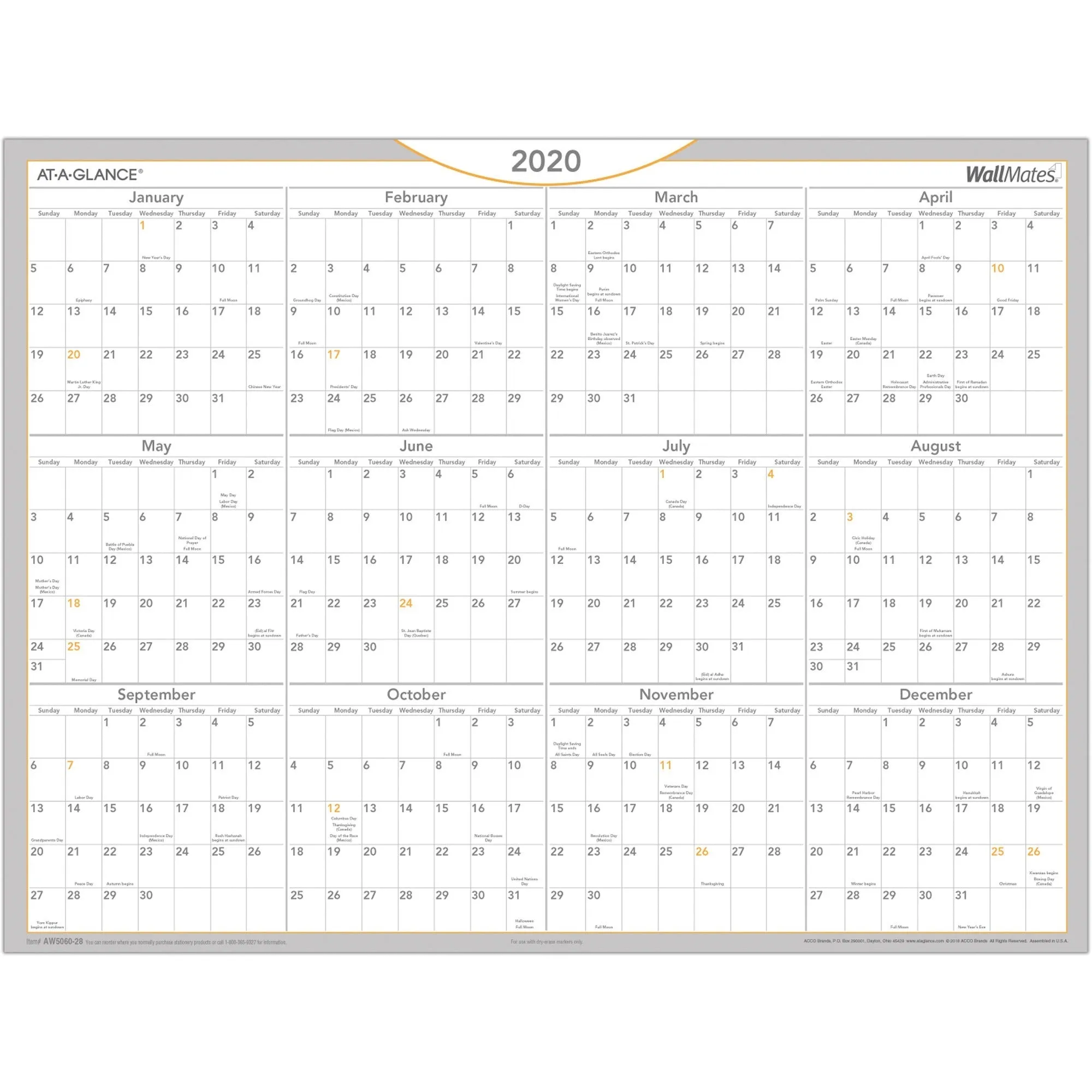 At-A-Glance WallMates Dry Erase, Self-Adhesive Yearly Wall Planner