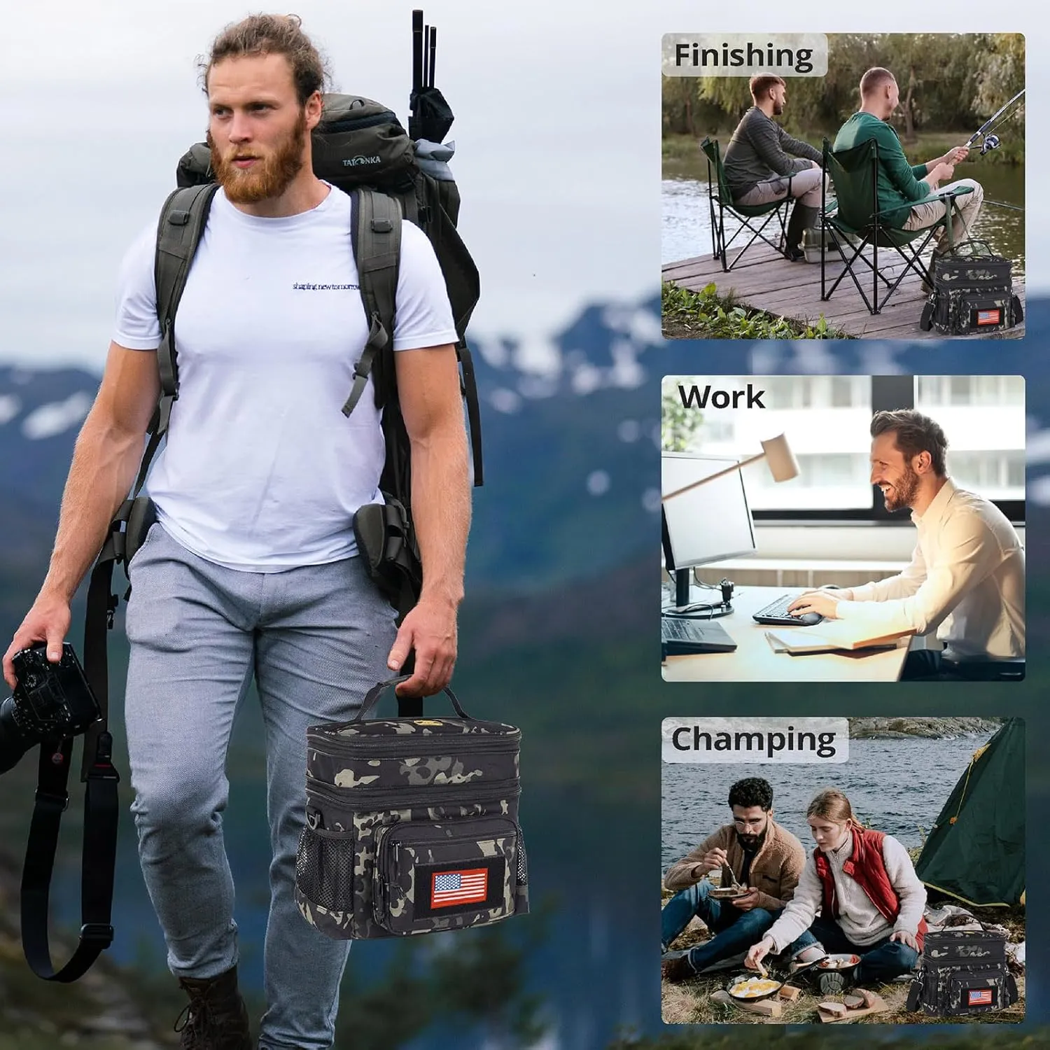 ATRIPACK Lunch Bag for Men, Double Deck Tactical Lunch Box Work with Shoulder Strap MOLLE Webbing Large Lunch Cooler Leakproof Insulated （Camo-Black）