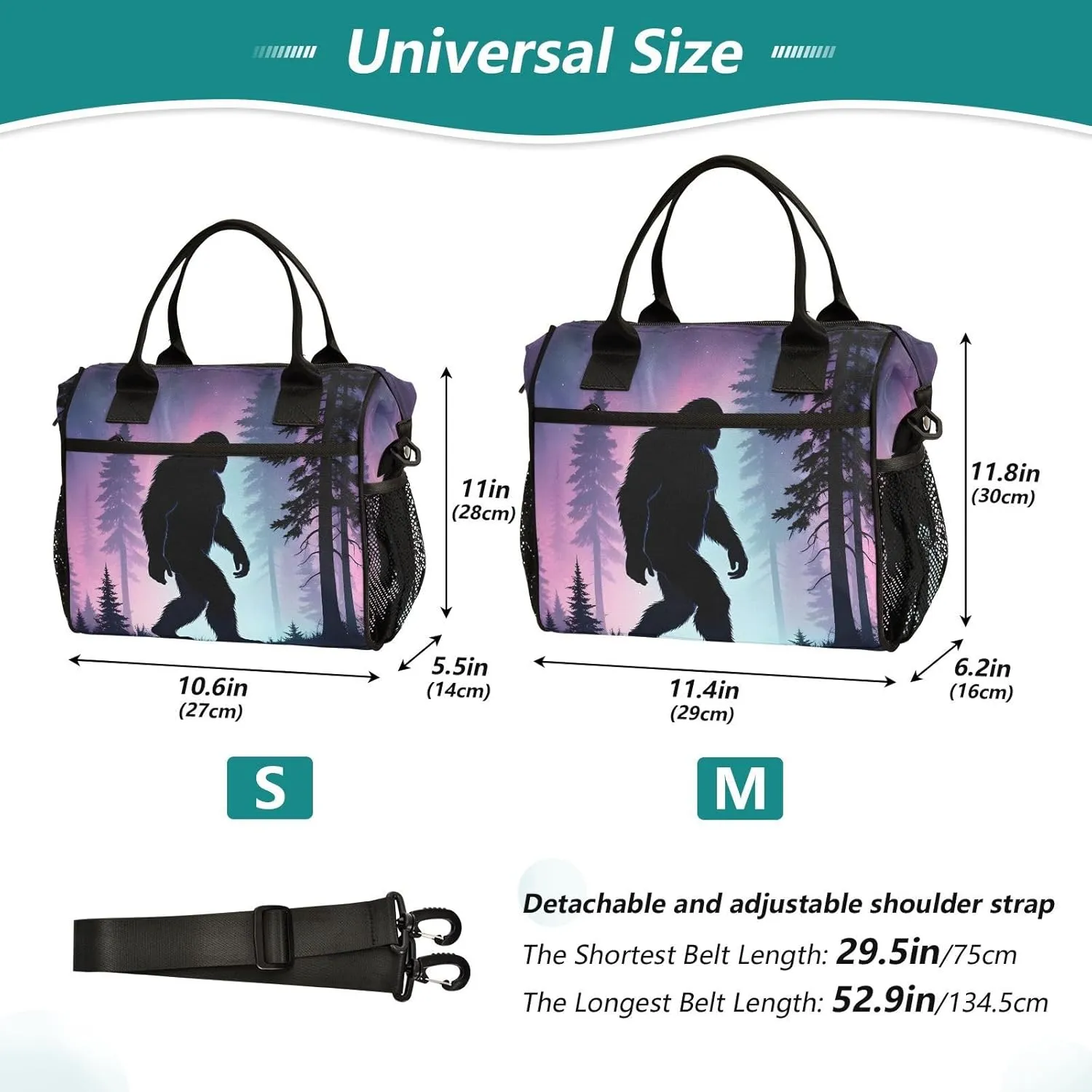Aurora Sasquatch Lunch Bag Insulated Reusable Leak-proof Lunch Box Cooler Bag with Thermal Aluminum Lining Detachable Shoulder Strap Small