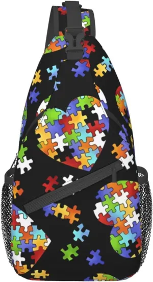 Autism Awareness Puzzle Pieces Heart Sling Bag Crossbody Shoulder Backpack Casual Chest Bag Sport Travel Hiking Daypack For Women Men