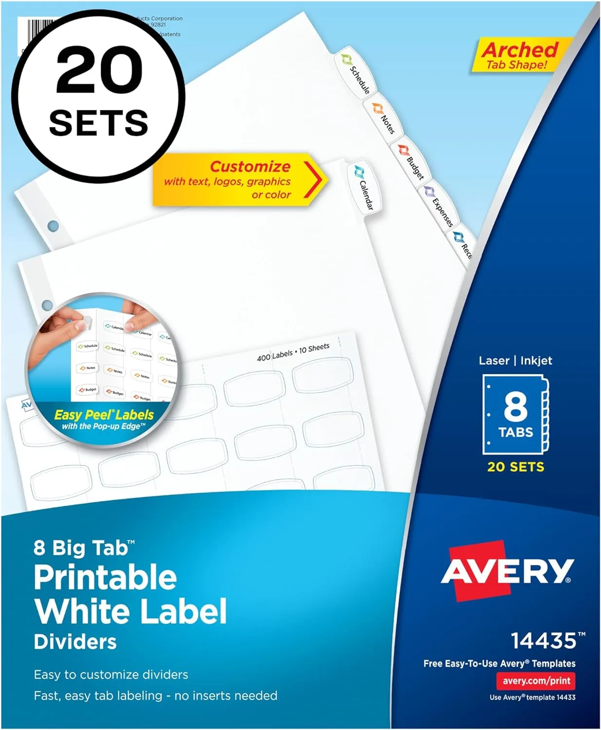 Avery Big Tab Printable White Label Dividers with Easy Peel, 8 Tabs, 20 Sets (14435)