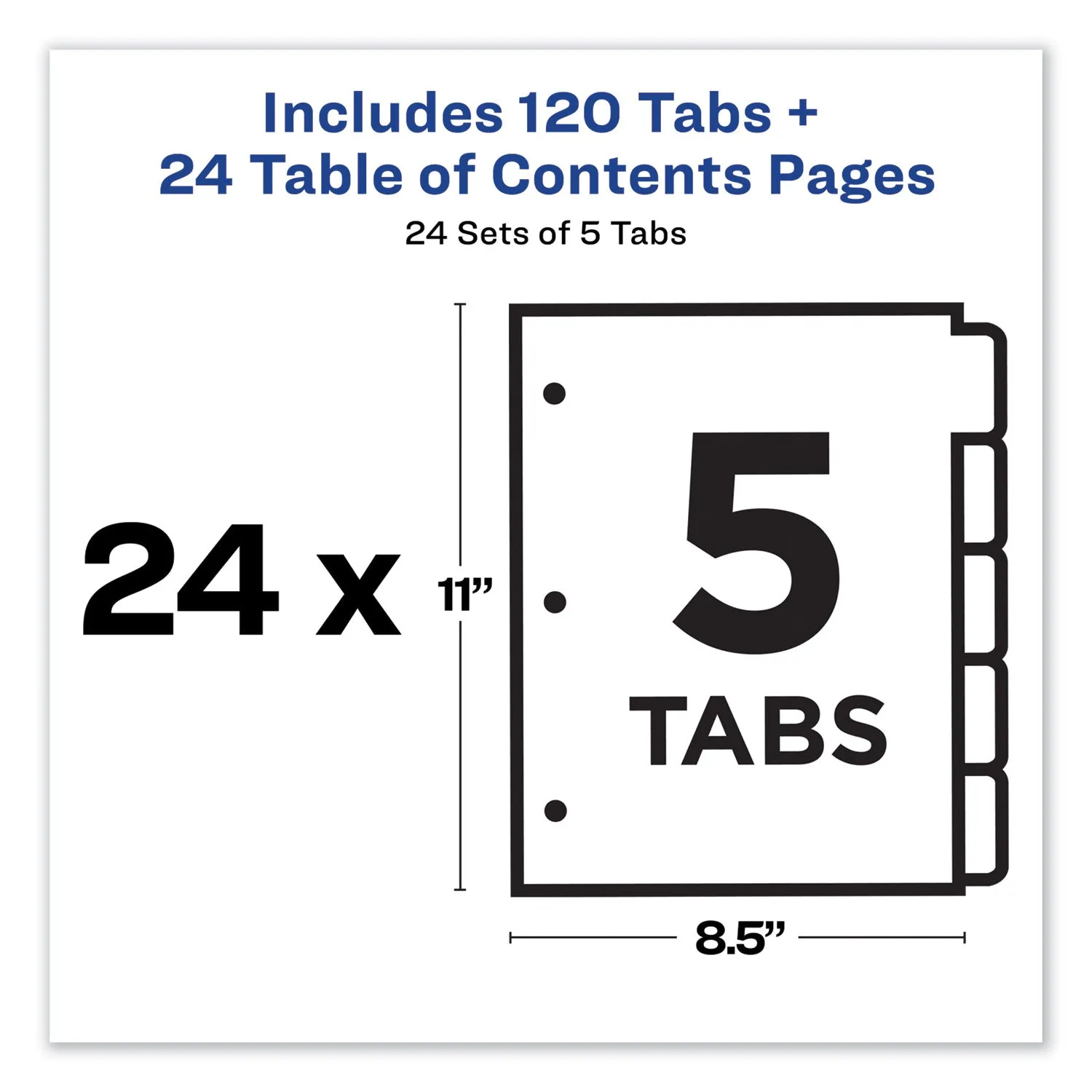 Avery® Customizable TOC Ready Index Multicolor Tab Dividers, Uncollated, 5-Tab, 1 to 5, 11 x 8.5, White, 24 Sets