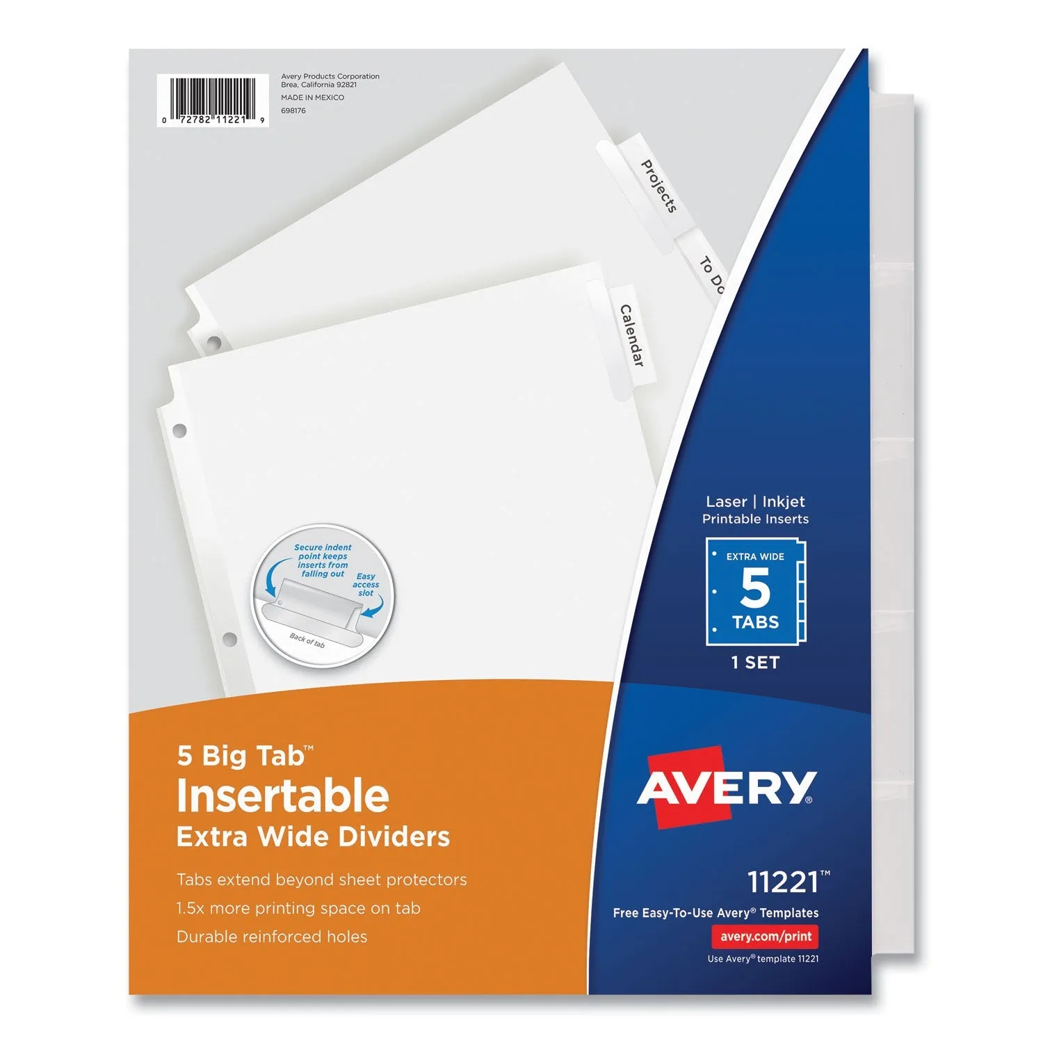 Avery® Insertable Big Tab Dividers, 5-Tab, Single-Sided Copper Edge Reinforcing, 11.13 x 9.25, White, Clear Tabs, 1 Set