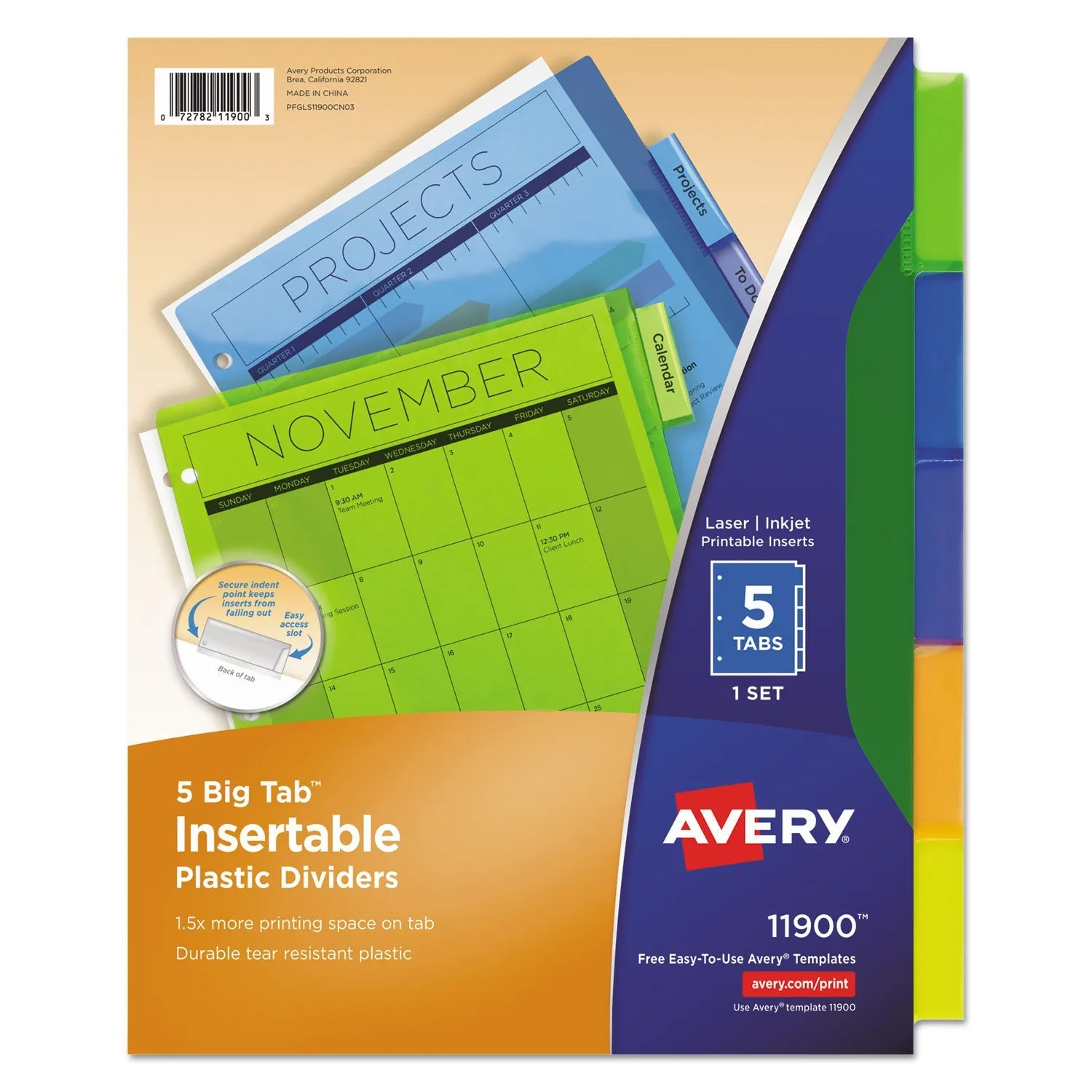 Avery® Insertable Big Tab Plastic Dividers, 5-Tab, 11 X 8.5, Assorted, 1 Set