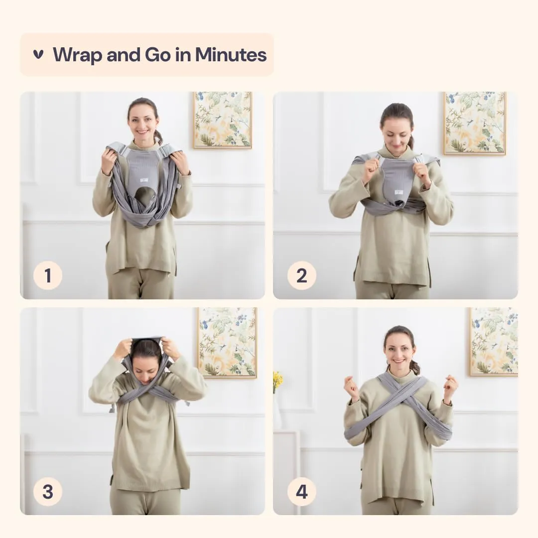 BabbleRoo Baby Wraps Carrier - Baby Essentials Baby Sling Carrier, Secure & Comfortable, Breathable, Easy-to-use, Adjustable M to XXL, Promoting Parent-Child Bonding, Gray