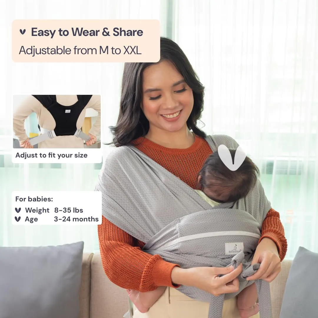 BabbleRoo Baby Wraps Carrier - Baby Essentials Baby Sling Carrier, Secure & Comfortable, Breathable, Easy-to-use, Adjustable M to XXL, Promoting Parent-Child Bonding, Gray