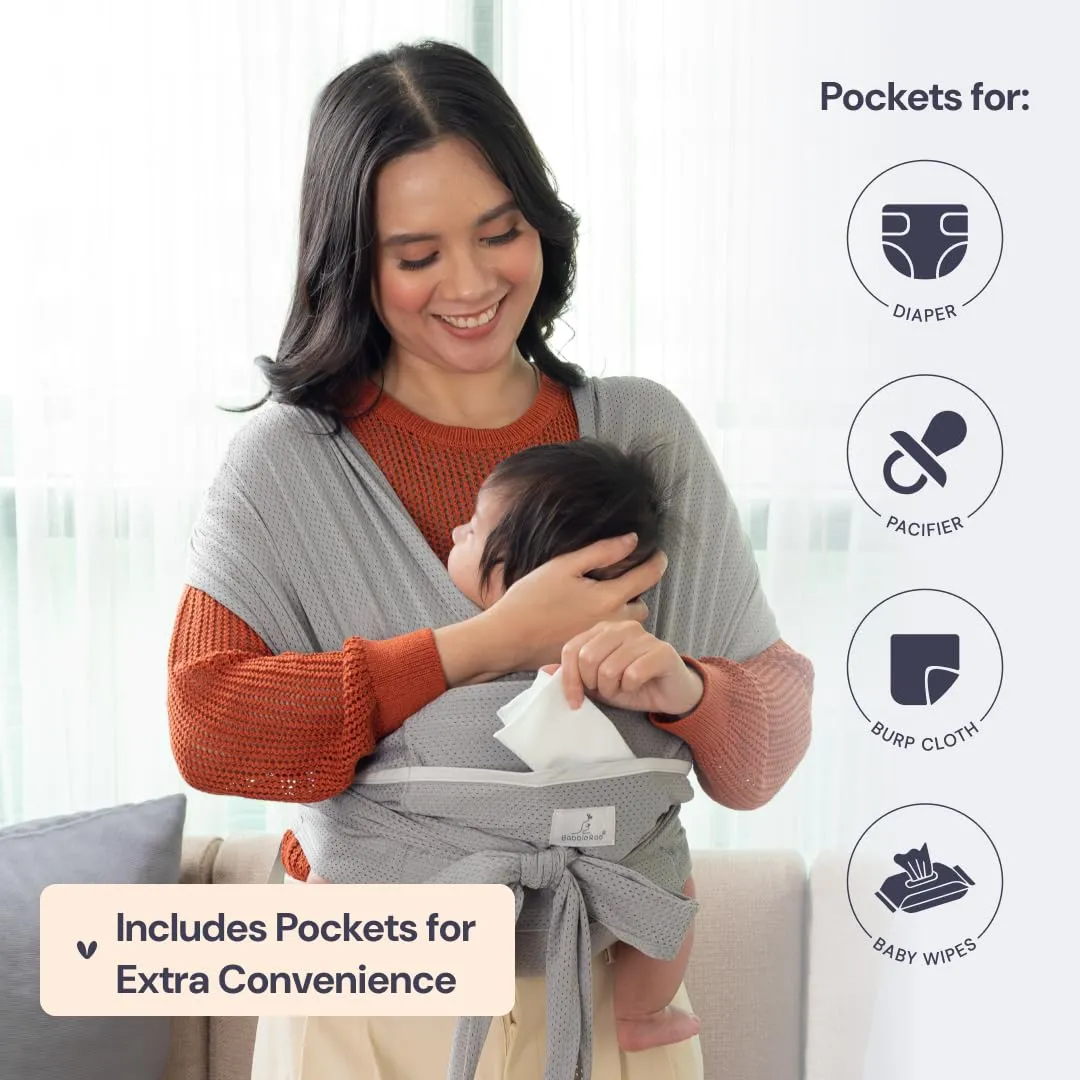 BabbleRoo Baby Wraps Carrier - Baby Essentials Baby Sling Carrier, Secure & Comfortable, Breathable, Easy-to-use, Adjustable M to XXL, Promoting Parent-Child Bonding, Gray