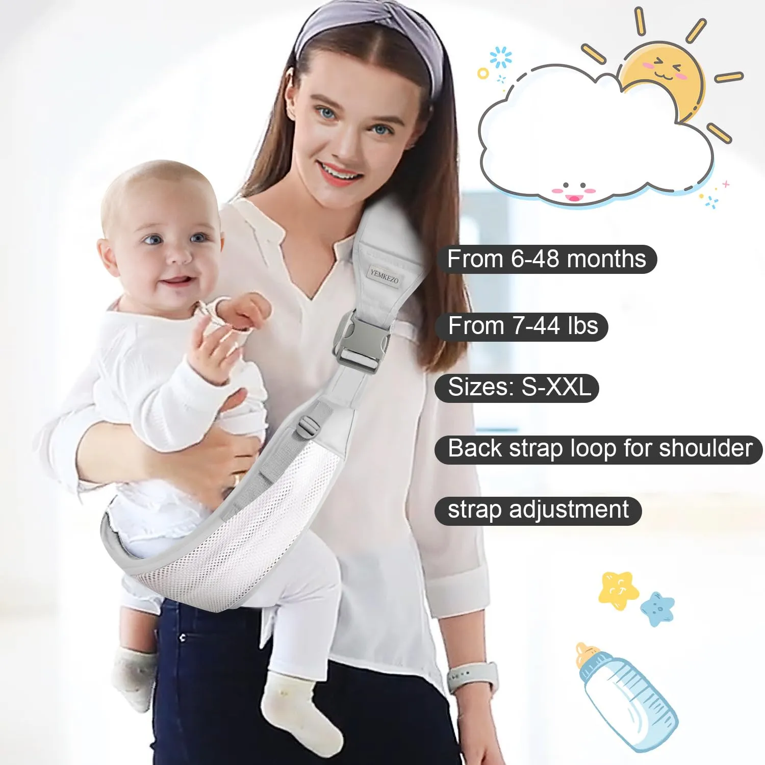 Baby Sling Carrier Newborn to Toddler,Updated Adjustable One Shoulder Labor-Saving Baby Holder Carrier,Tollder Sling Carrying 7-45 lbs（Breathble Grey