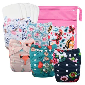 babygoal Reusable Cloth Diapers for Girls, Adjustable Washable Nappy 6pcs  6pcs Microfiber Inserts One Wet Bag 6YDG08