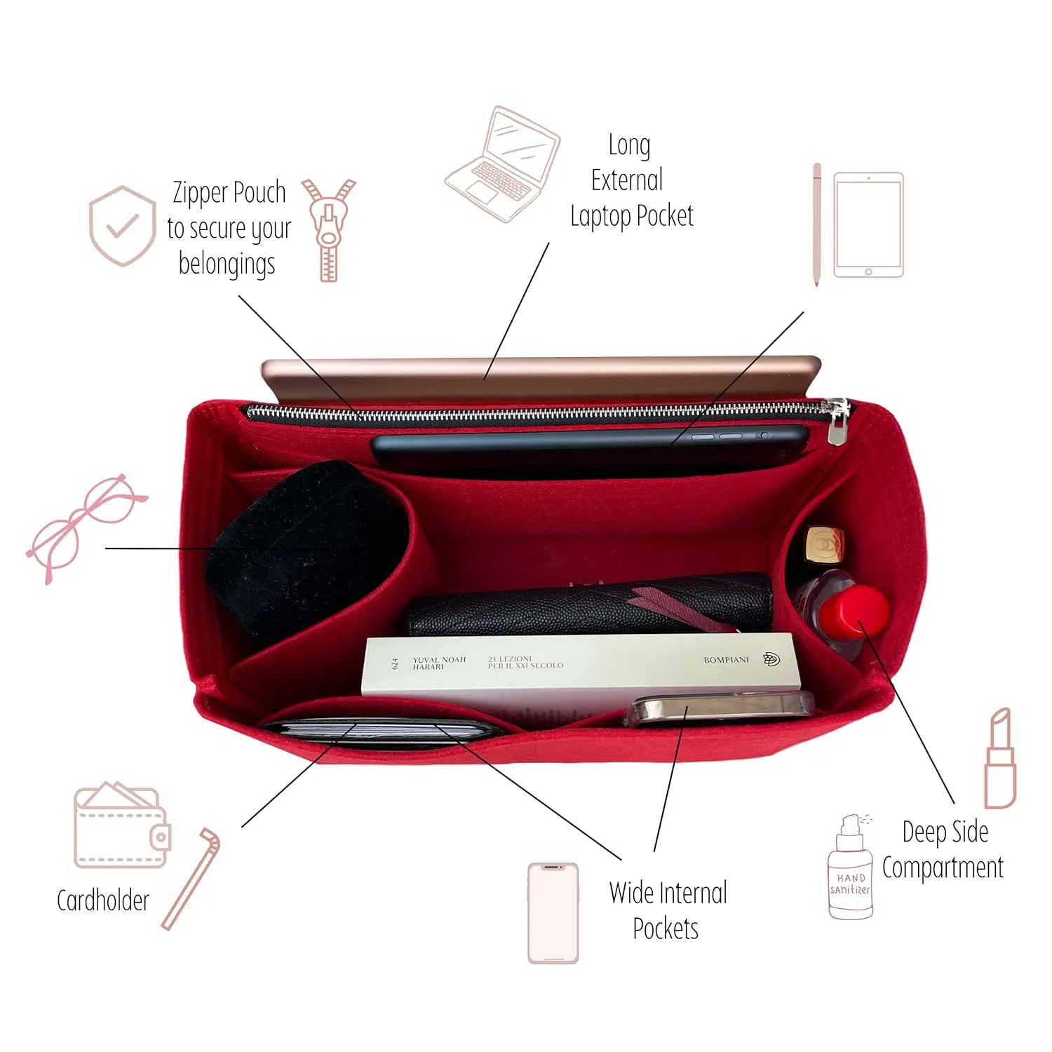 Bag Organizer fits Ophidia Medium Tote Bag Organizer, Ophidia Large Tote Bag Organizer, Handmade 2mm Premium Felt Insert with Gold Zipper Snug Sturdy Fit (For Ophidia Medium Tote, Red)