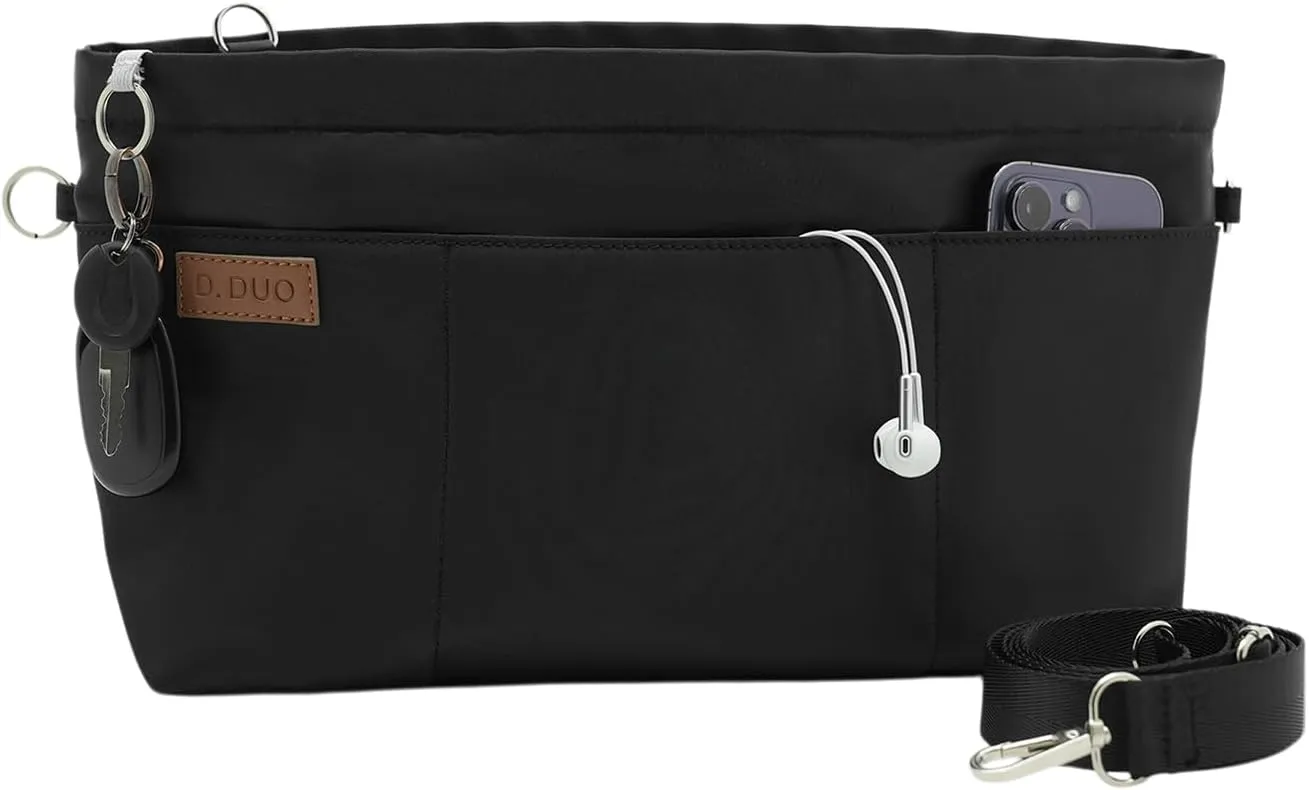 Bag Organizer Insert, Crossbody Bag, Tote Organizer Insert with Adjustable Bag Strap, Waterproof Nylon Purse Inserts (Black, L)