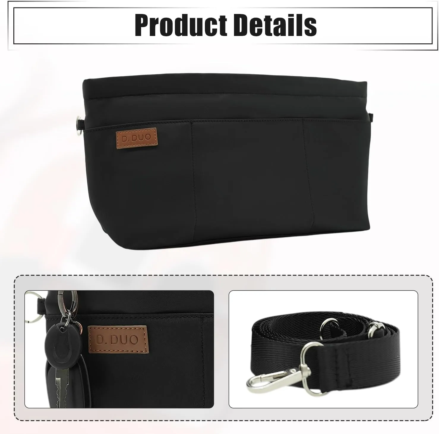 Bag Organizer Insert, Crossbody Bag, Tote Organizer Insert with Adjustable Bag Strap, Waterproof Nylon Purse Inserts (Black, L)