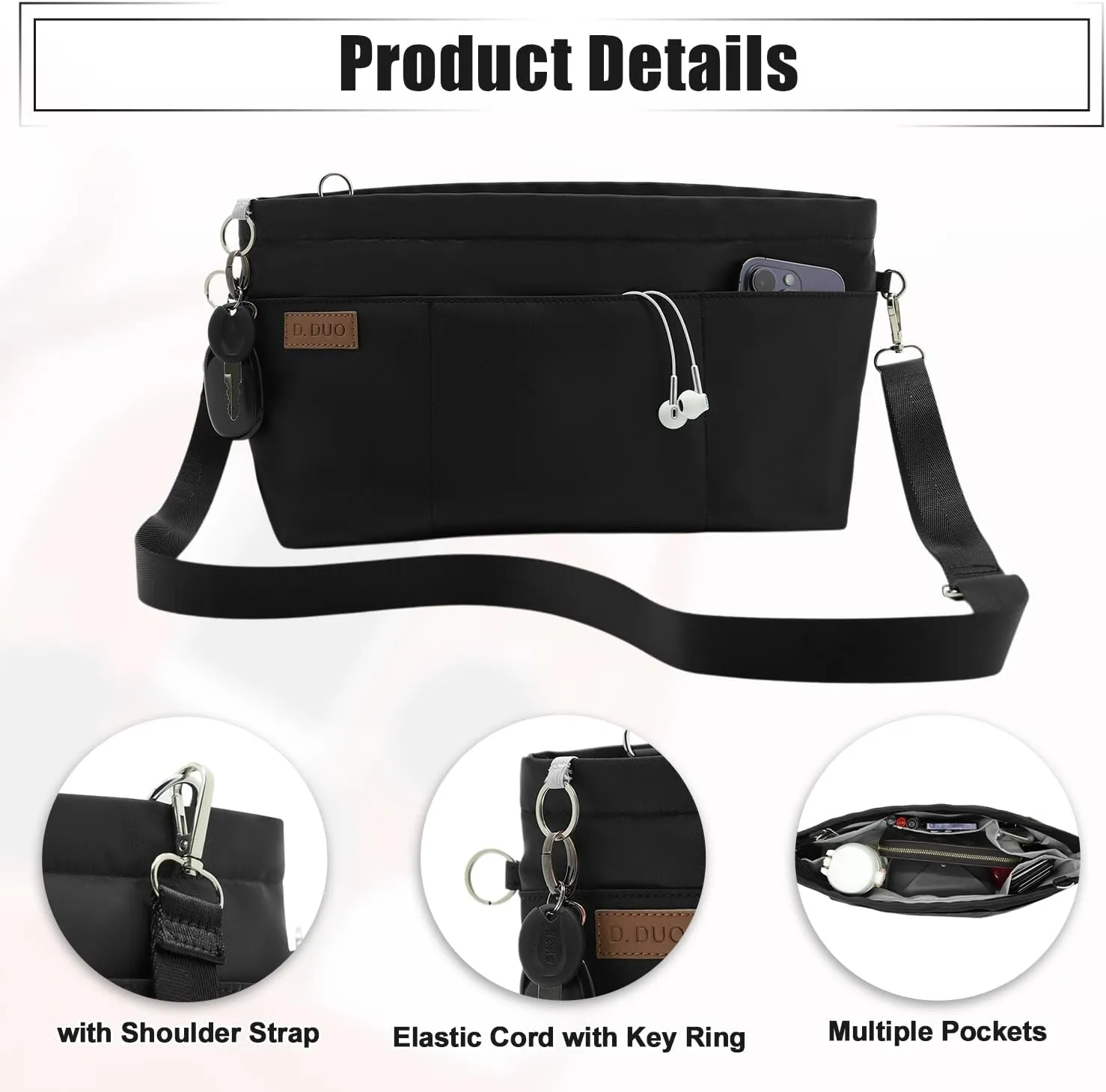 Bag Organizer Insert, Crossbody Bag, Tote Organizer Insert with Adjustable Bag Strap, Waterproof Nylon Purse Inserts (Black, L)
