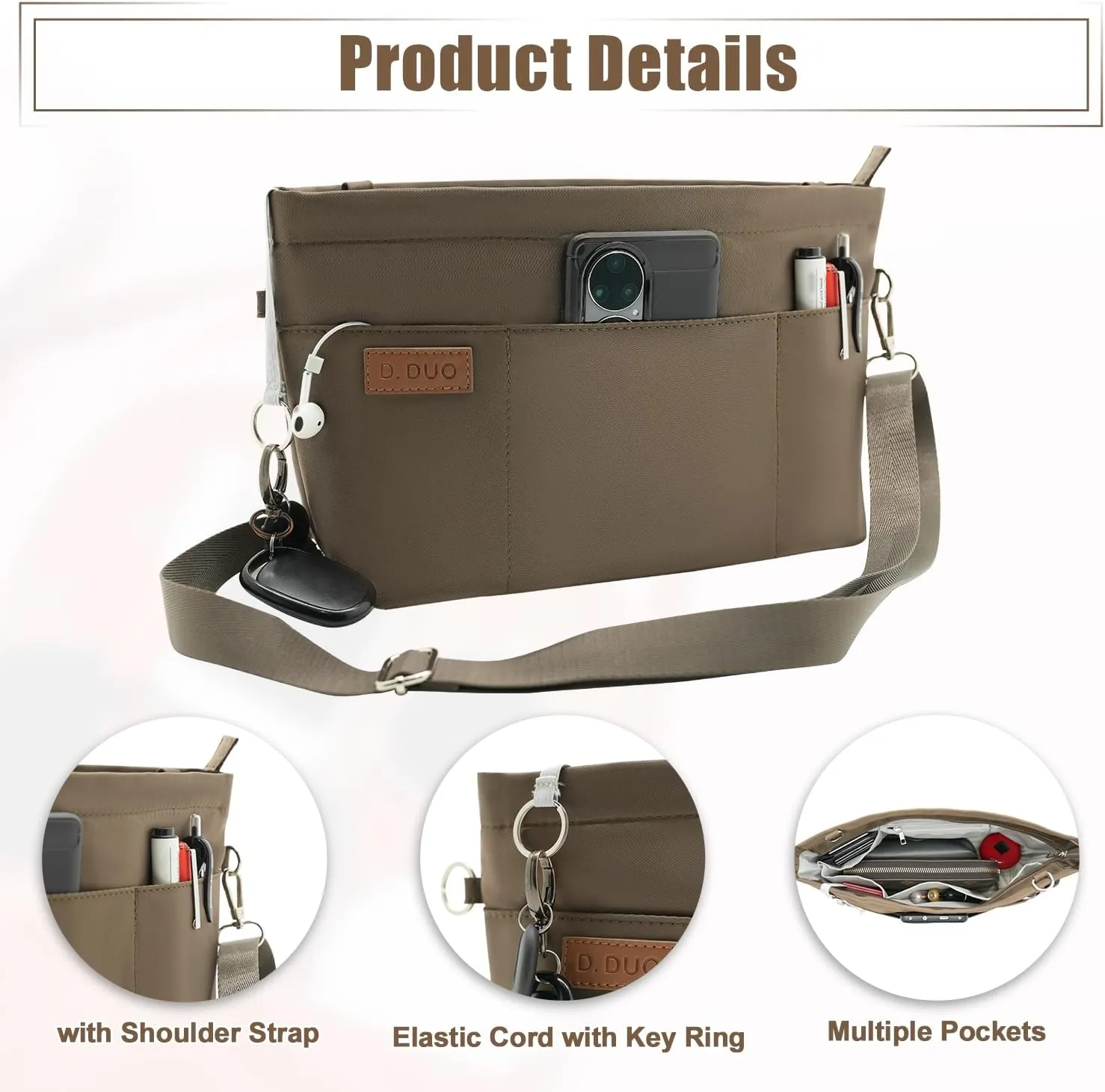 Bag Organizer Insert, Crossbody Bag, Tote Organizer Insert with Adjustable Bag Strap, Waterproof Nylon Purse Inserts (Brown, S)