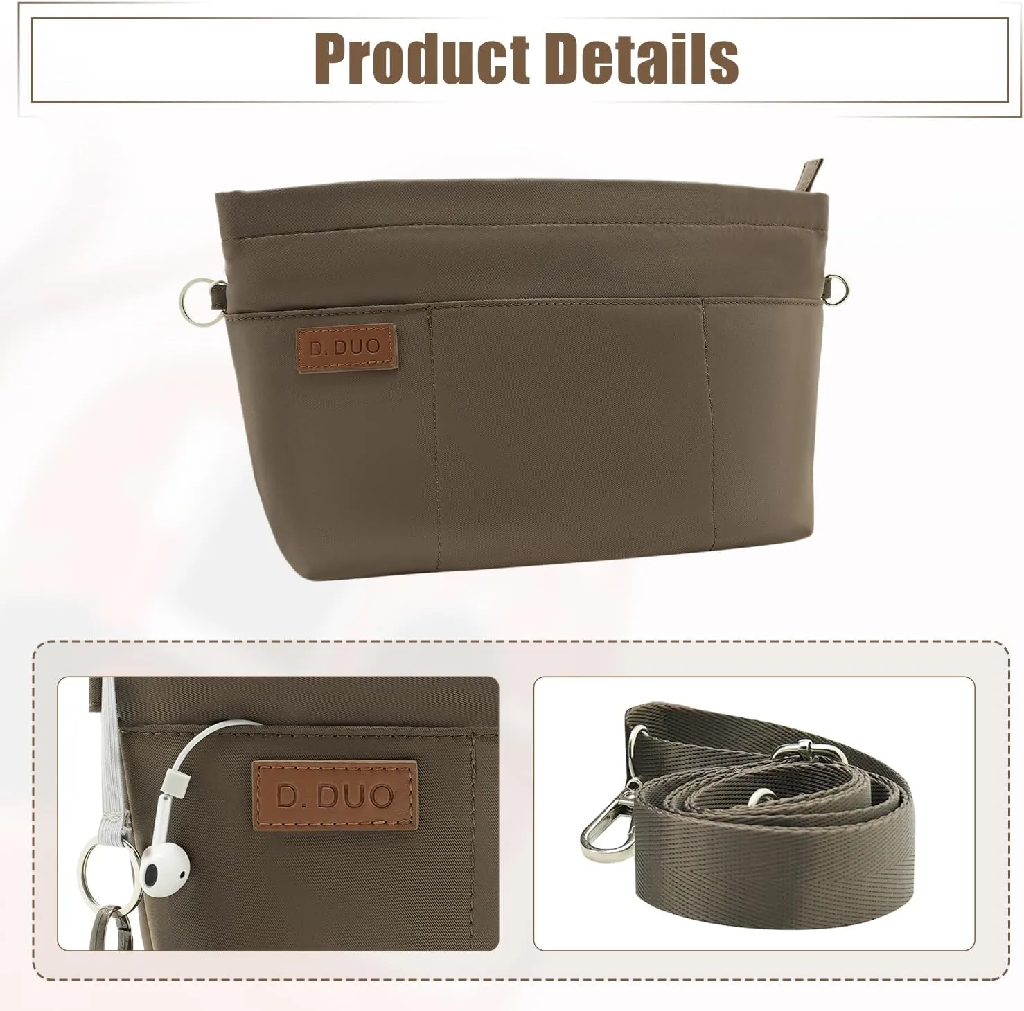 Bag Organizer Insert, Crossbody Bag, Tote Organizer Insert with Adjustable Bag Strap, Waterproof Nylon Purse Inserts (Brown, S)
