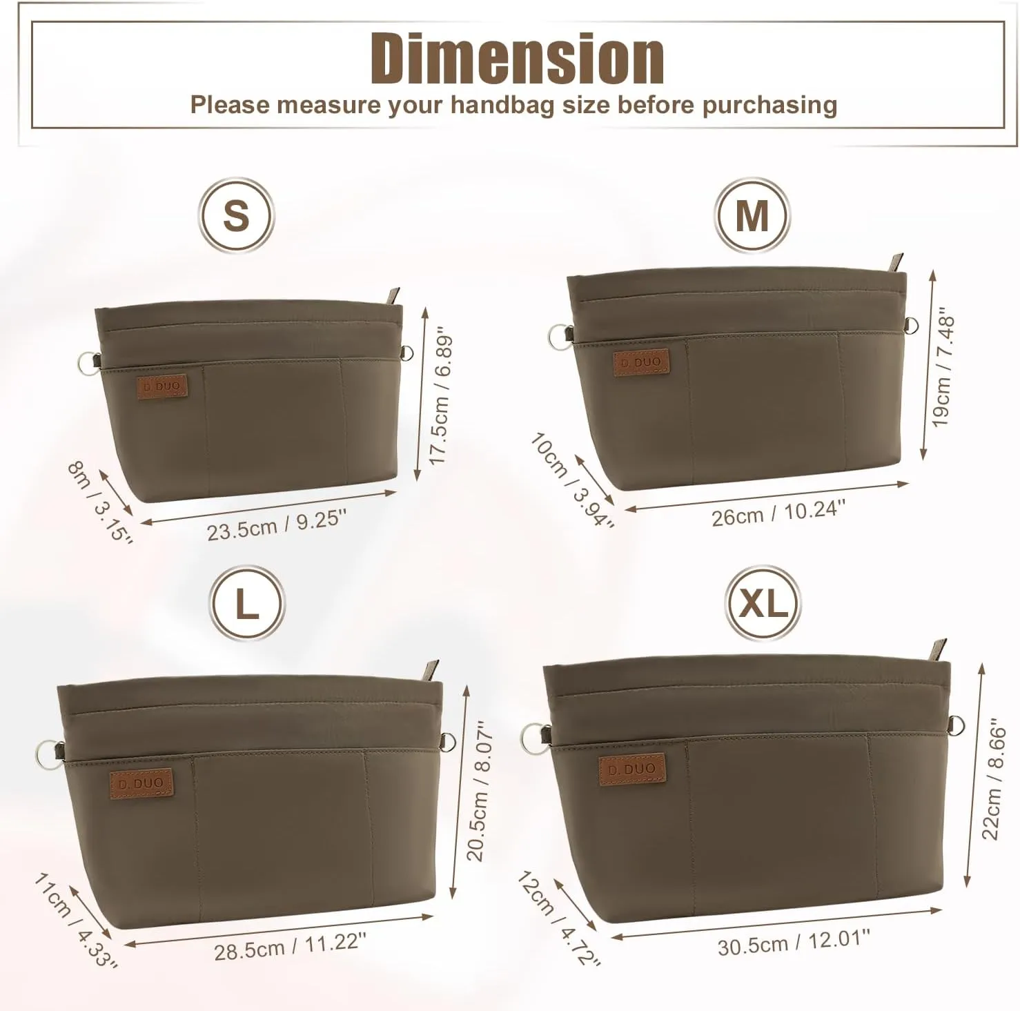 Bag Organizer Insert, Crossbody Bag, Tote Organizer Insert with Adjustable Bag Strap, Waterproof Nylon Purse Inserts (Brown, S)