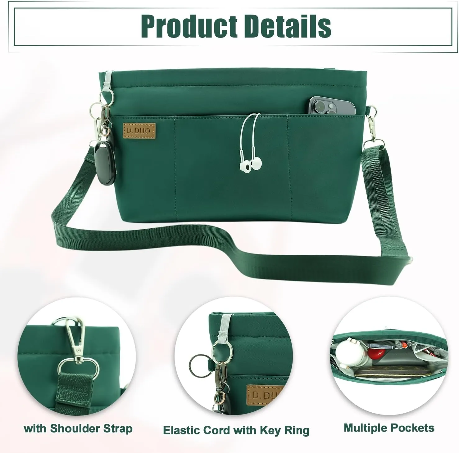 Bag Organizer Insert, Crossbody Bag, Tote Organizer Insert with Adjustable Bag Strap, Waterproof Nylon Purse Inserts (Green, L)