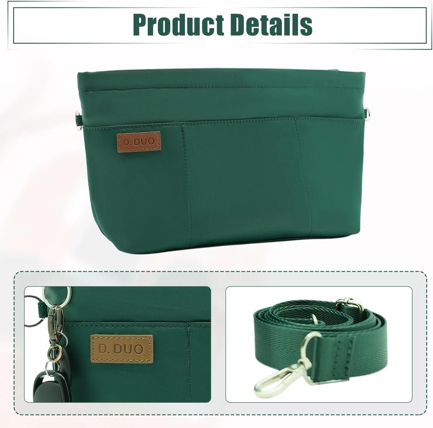 Bag Organizer Insert, Crossbody Bag, Tote Organizer Insert with Adjustable Bag Strap, Waterproof Nylon Purse Inserts (Green, L)