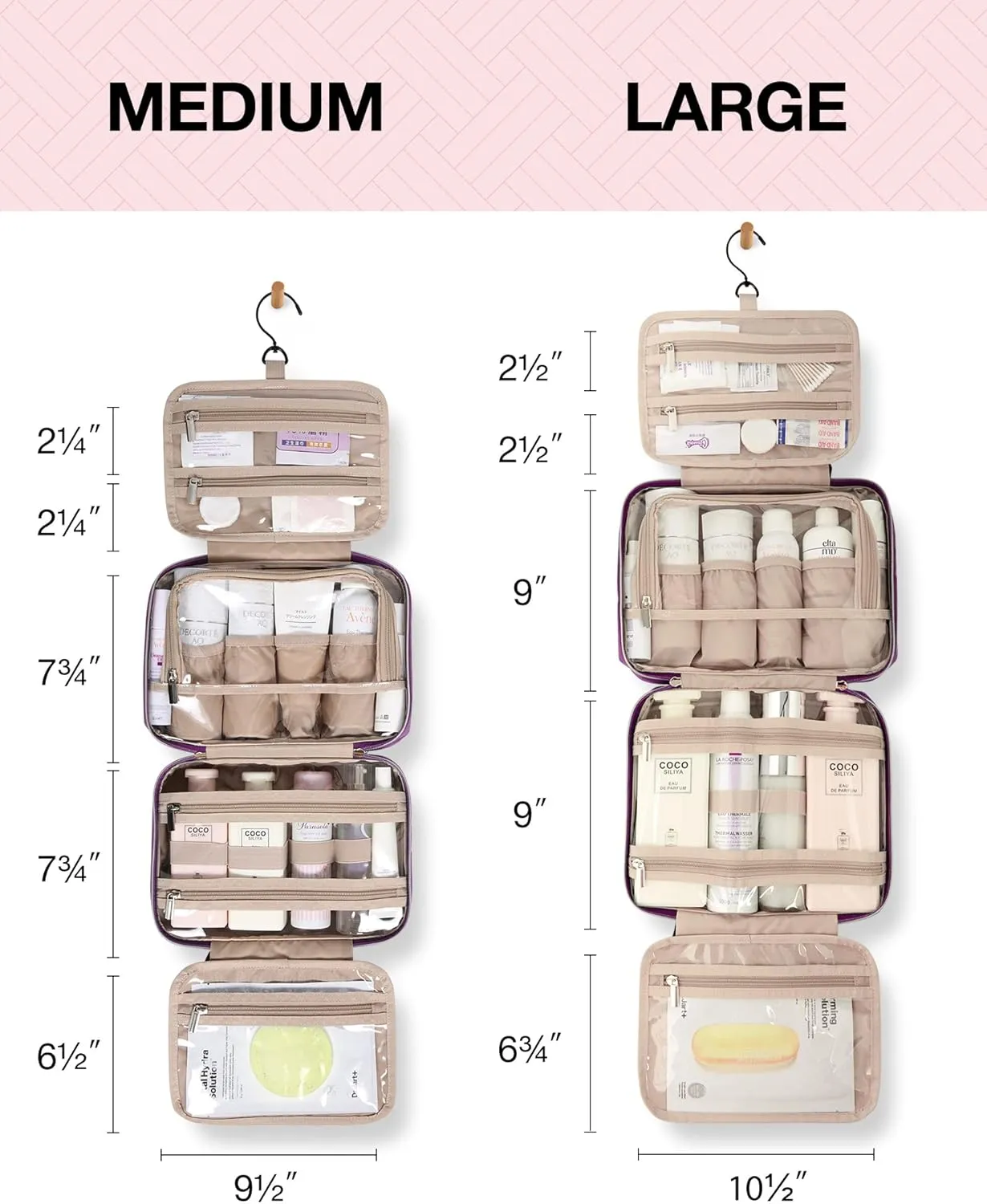 BAGSMART Toiletry Bag Hanging Travel Makeup Organizer with TSA Approved Transparent Cosmetic Bag Makeup Bag for Full Sized Toiletries, Large-Purple