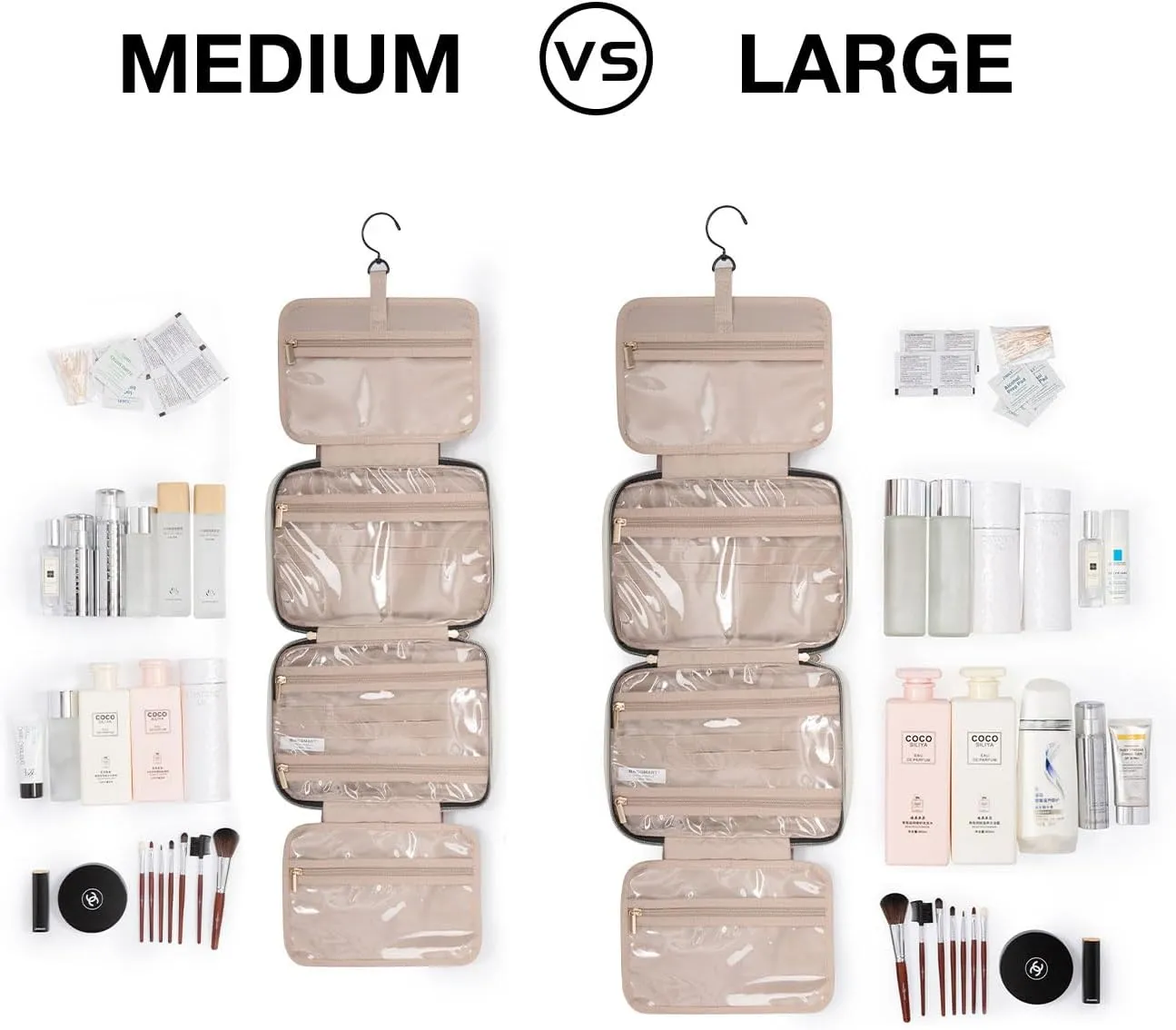 BAGSMART Toiletry Bag Travel Bag with Hanging Hook, Water-resistant Makeup Cosmetic Bag Travel Organizer for Accessories, Shampoo, Full-size Container, Toiletries (Light Pink, Medium)