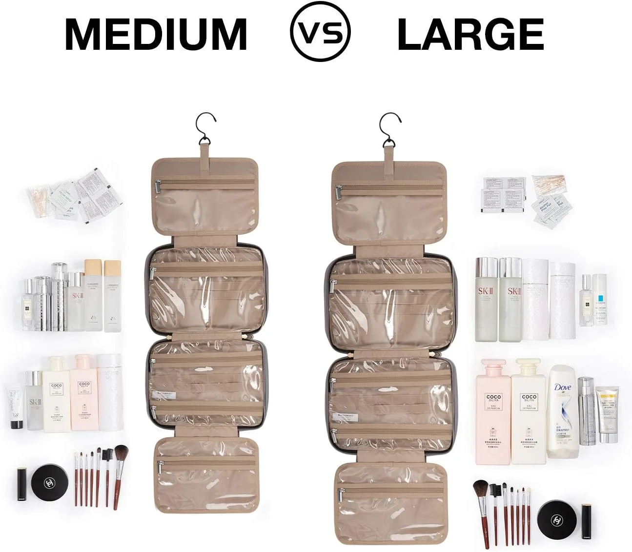 BAGSMART Toiletry Bag Travel Bag with Hanging Hook, Water-resistant Makeup Cosmetic Bag Travel Organizer for Accessories, Shampoo, Full Sized Container, Toiletries Grey, Large